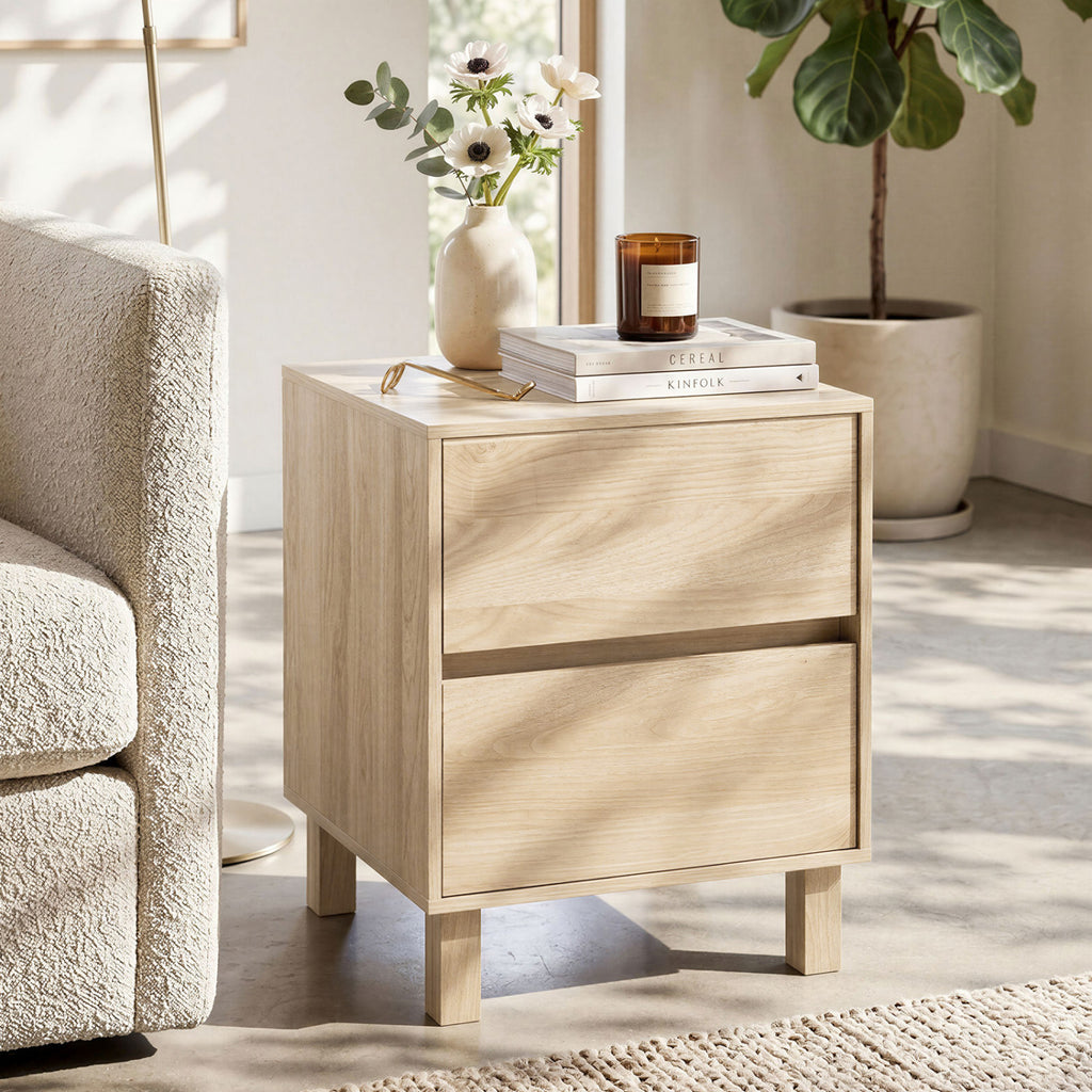 Wooden End Table with 2 Storage Drawers, Natural - Set of 1