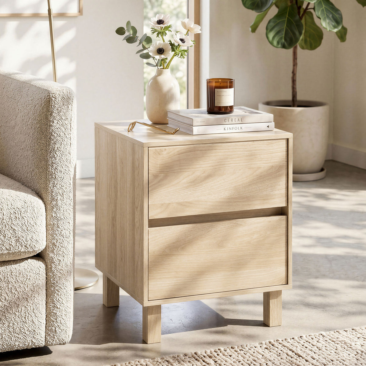 Wooden End Table with 2 Storage Drawers, Natural - Set of 1