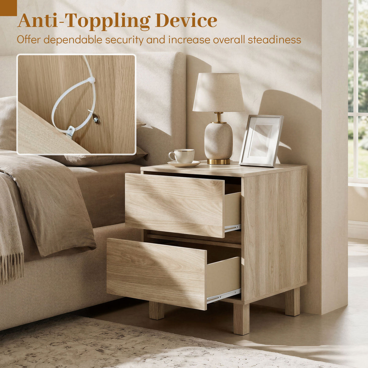 Wooden End Table with 2 Storage Drawers, Natural - Set of 1