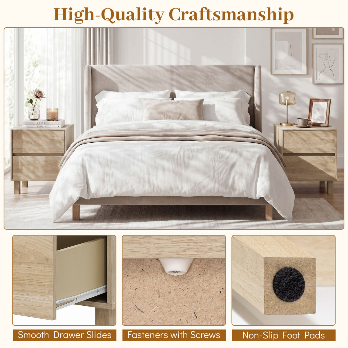 Wooden End Table with 2 Storage Drawers, Natural - Set of 1