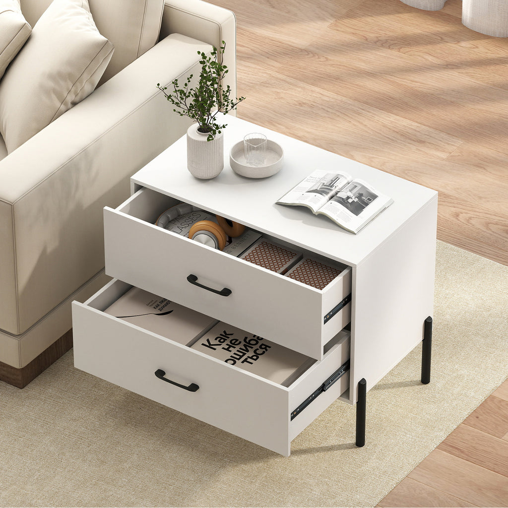 Modern Wooden 2-Drawer Nightstand with Metal Legs – White