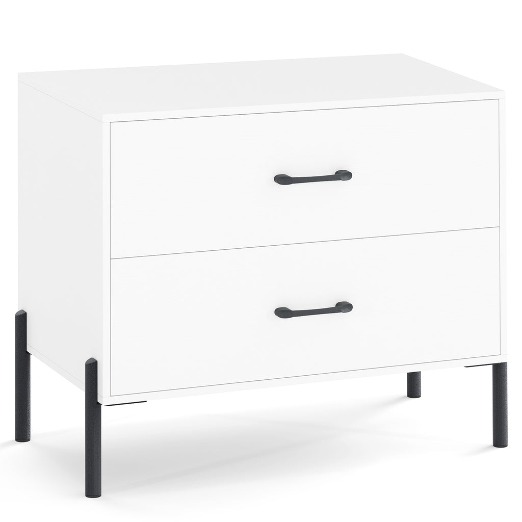 Modern Wooden 2-Drawer Nightstand with Metal Legs – White