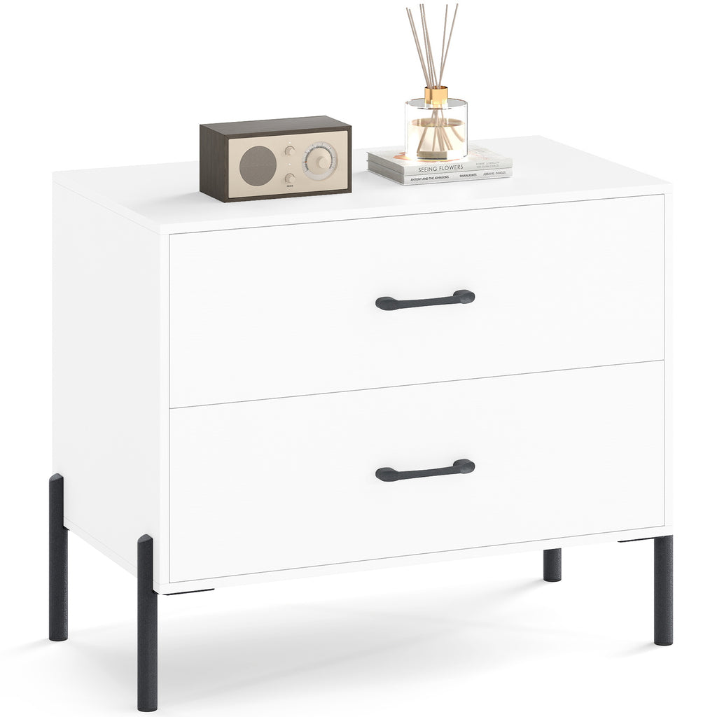 Modern Wooden 2-Drawer Nightstand with Metal Legs – White
