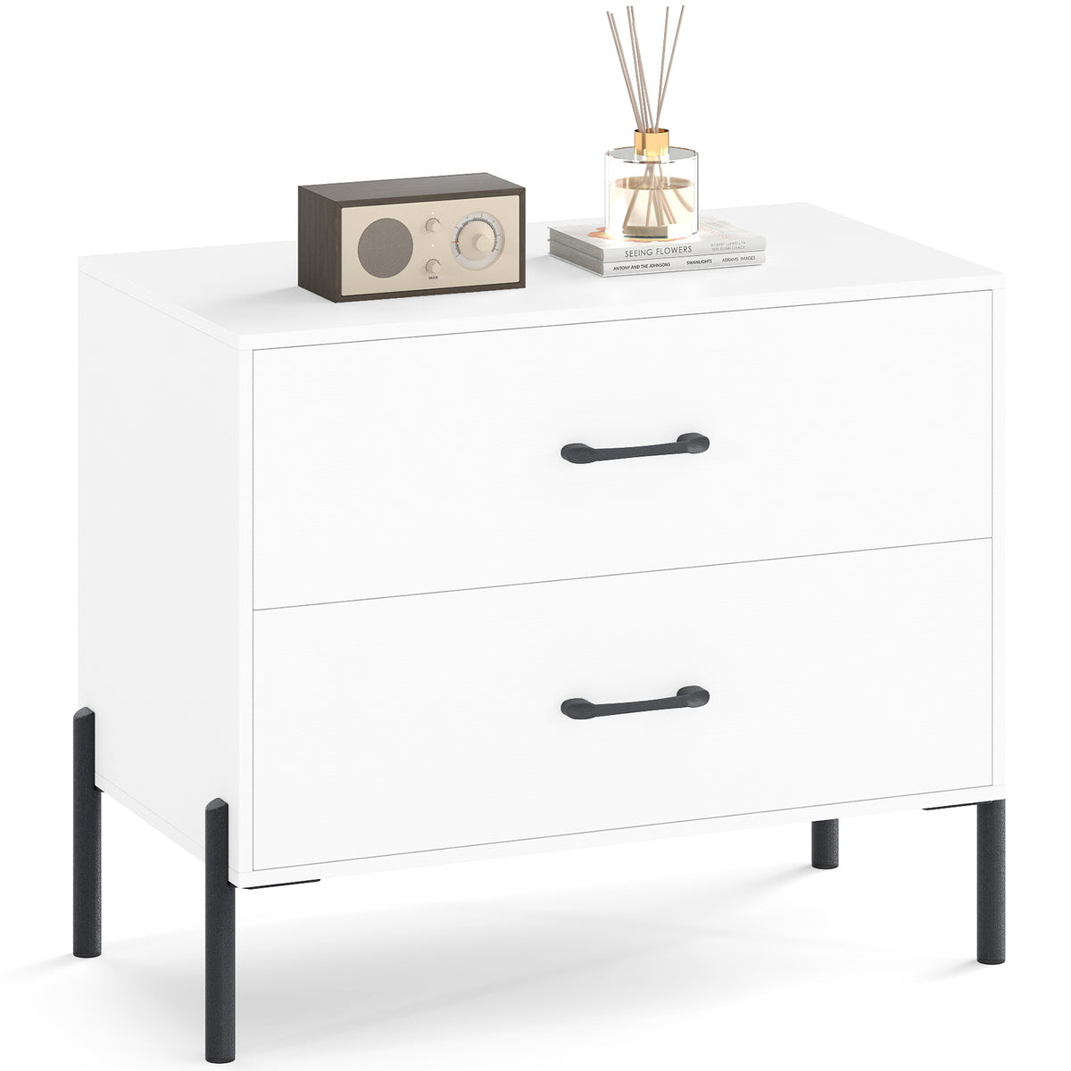 Modern Wooden 2-Drawer Nightstand with Metal Legs – White
