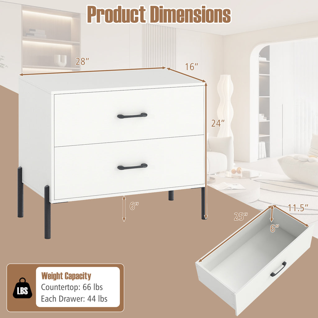 Modern Wooden 2-Drawer Nightstand with Metal Legs – White
