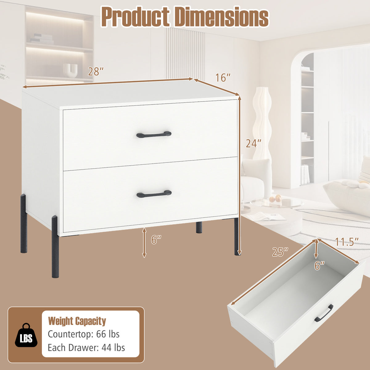 Modern Wooden 2-Drawer Nightstand with Metal Legs – White