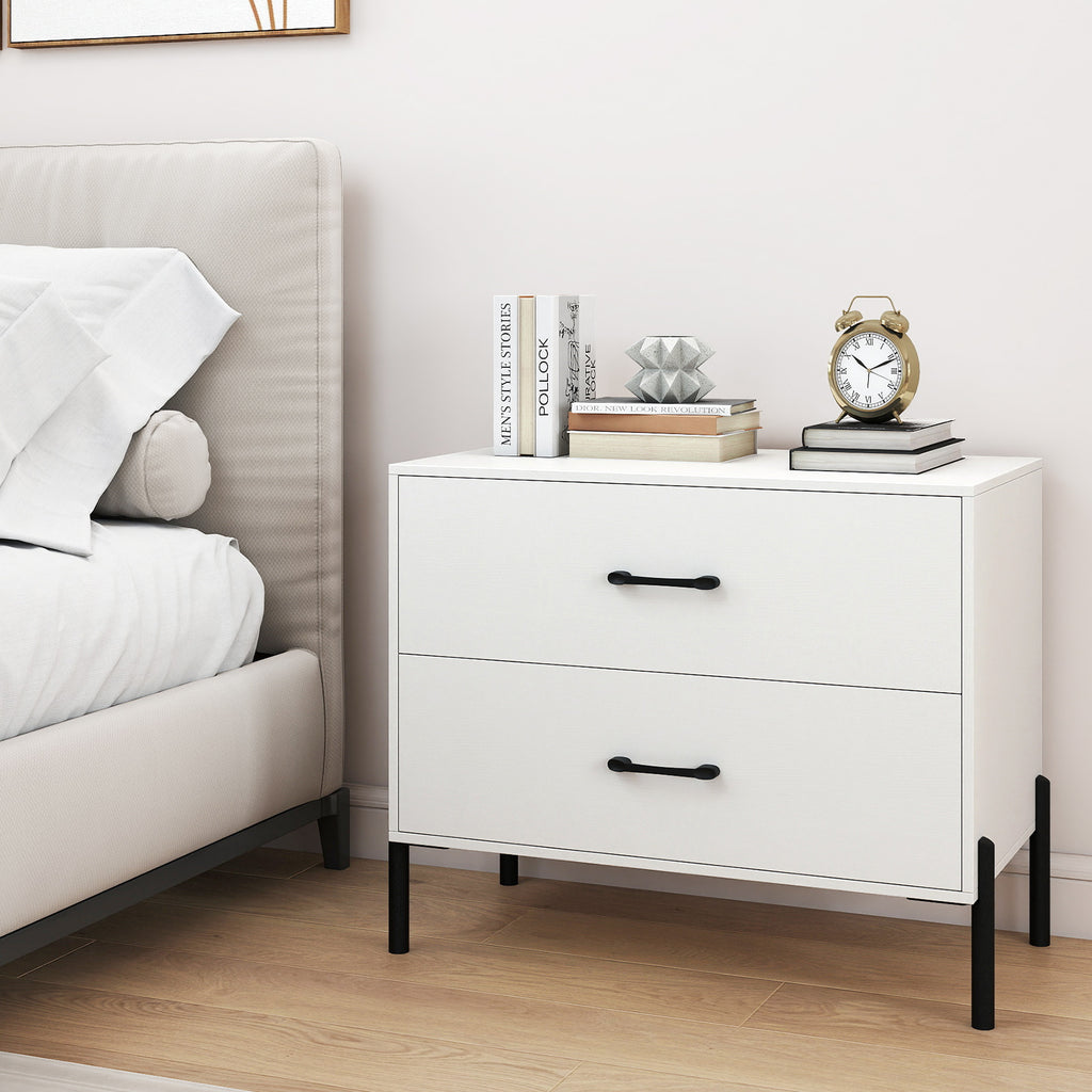 Modern Wooden 2-Drawer Nightstand with Metal Legs – White