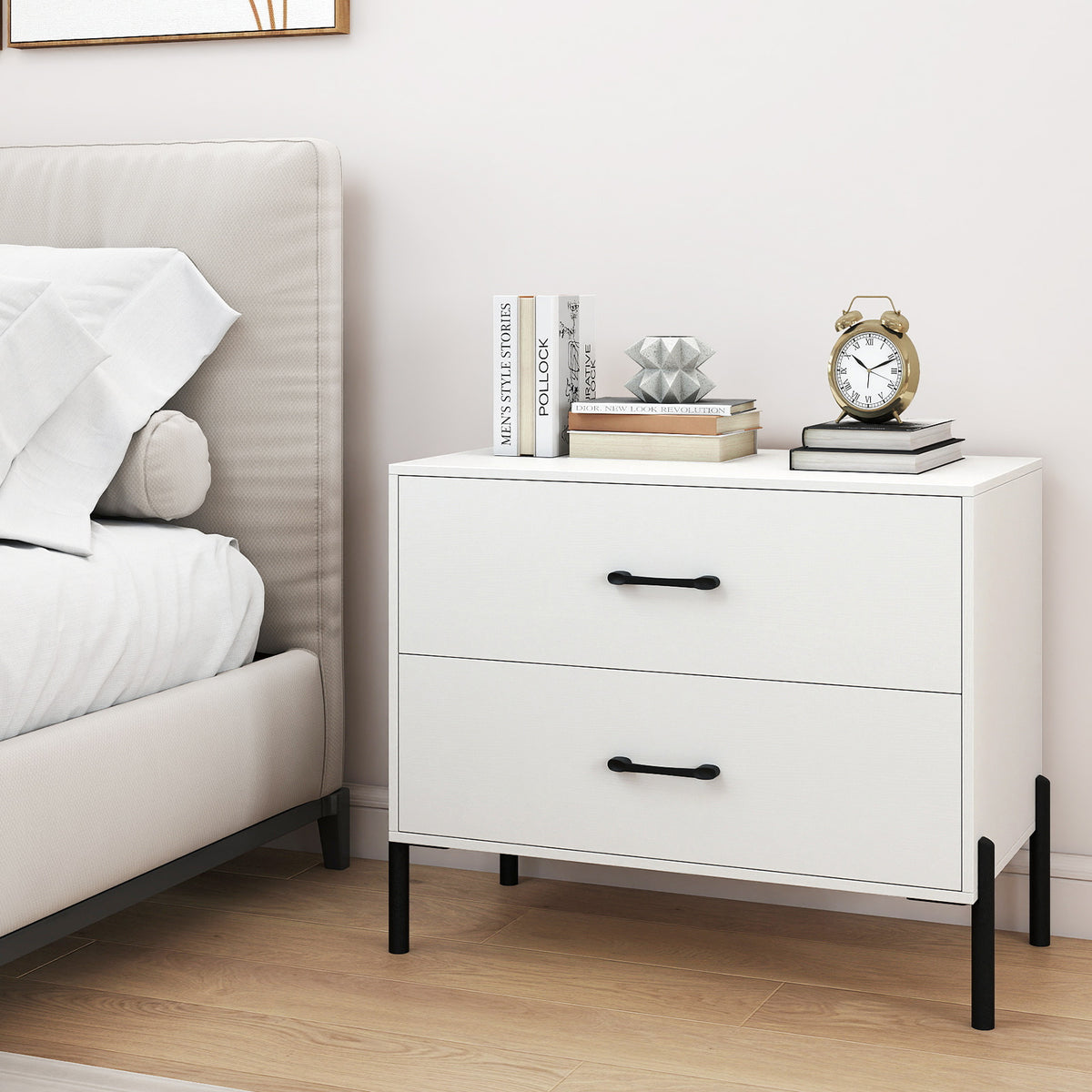 Modern Wooden 2-Drawer Nightstand with Metal Legs – White