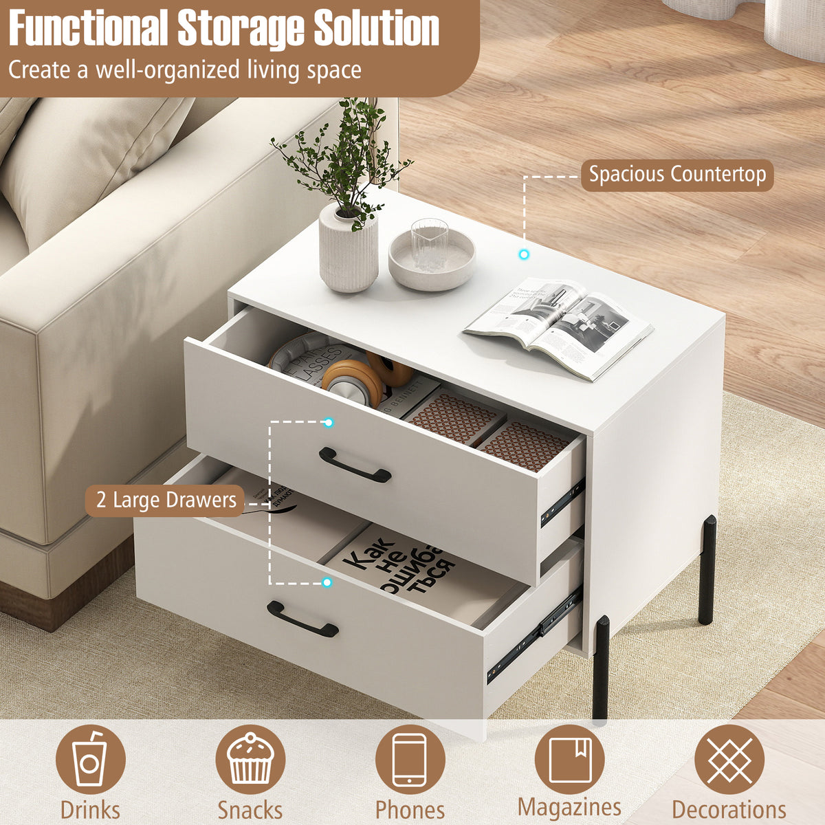 Modern Wooden 2-Drawer Nightstand with Metal Legs – White
