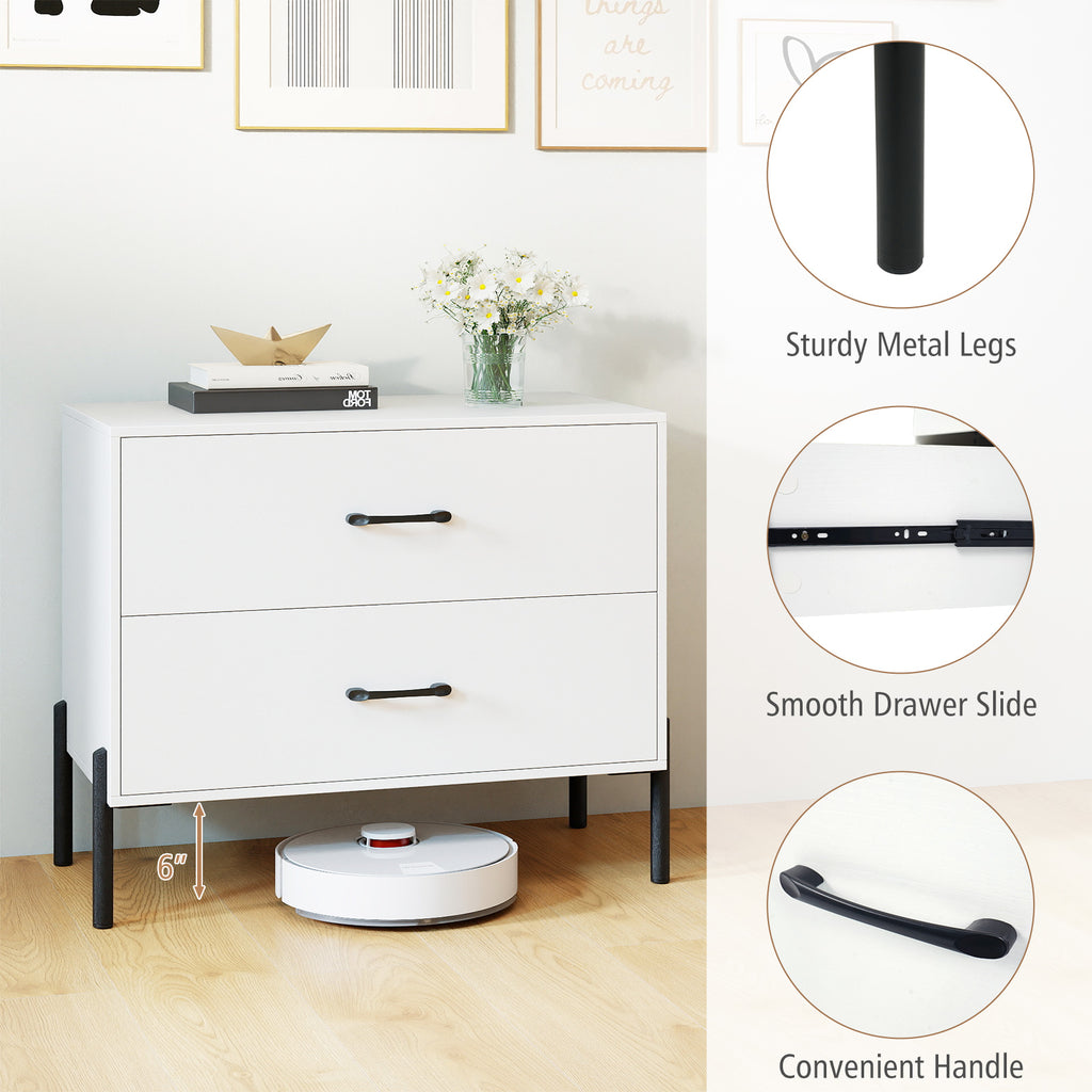 Modern Wooden 2-Drawer Nightstand with Metal Legs – White