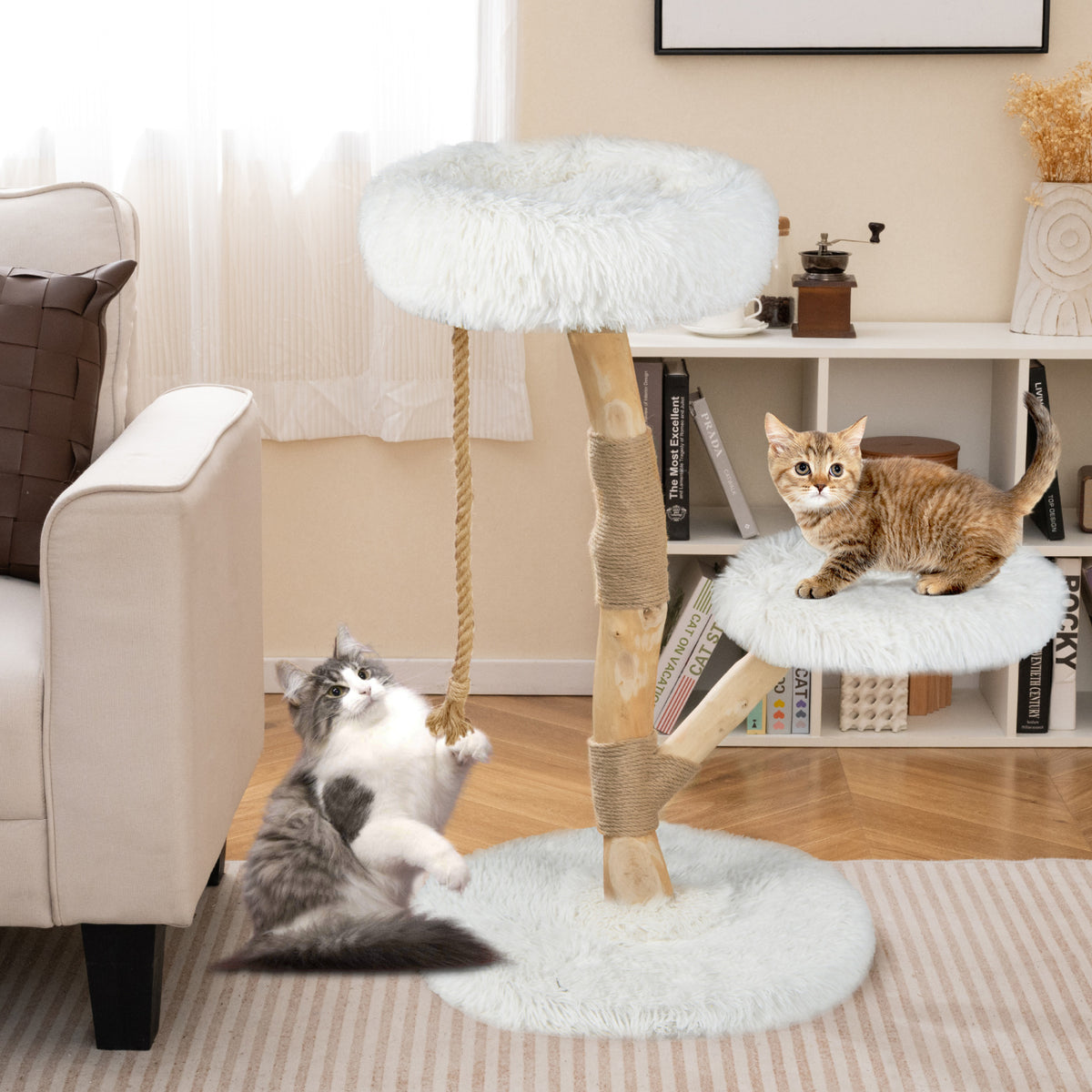 Modern Wooden Cat Tree Tower with Perch and Jute Scratching Posts - White Variation