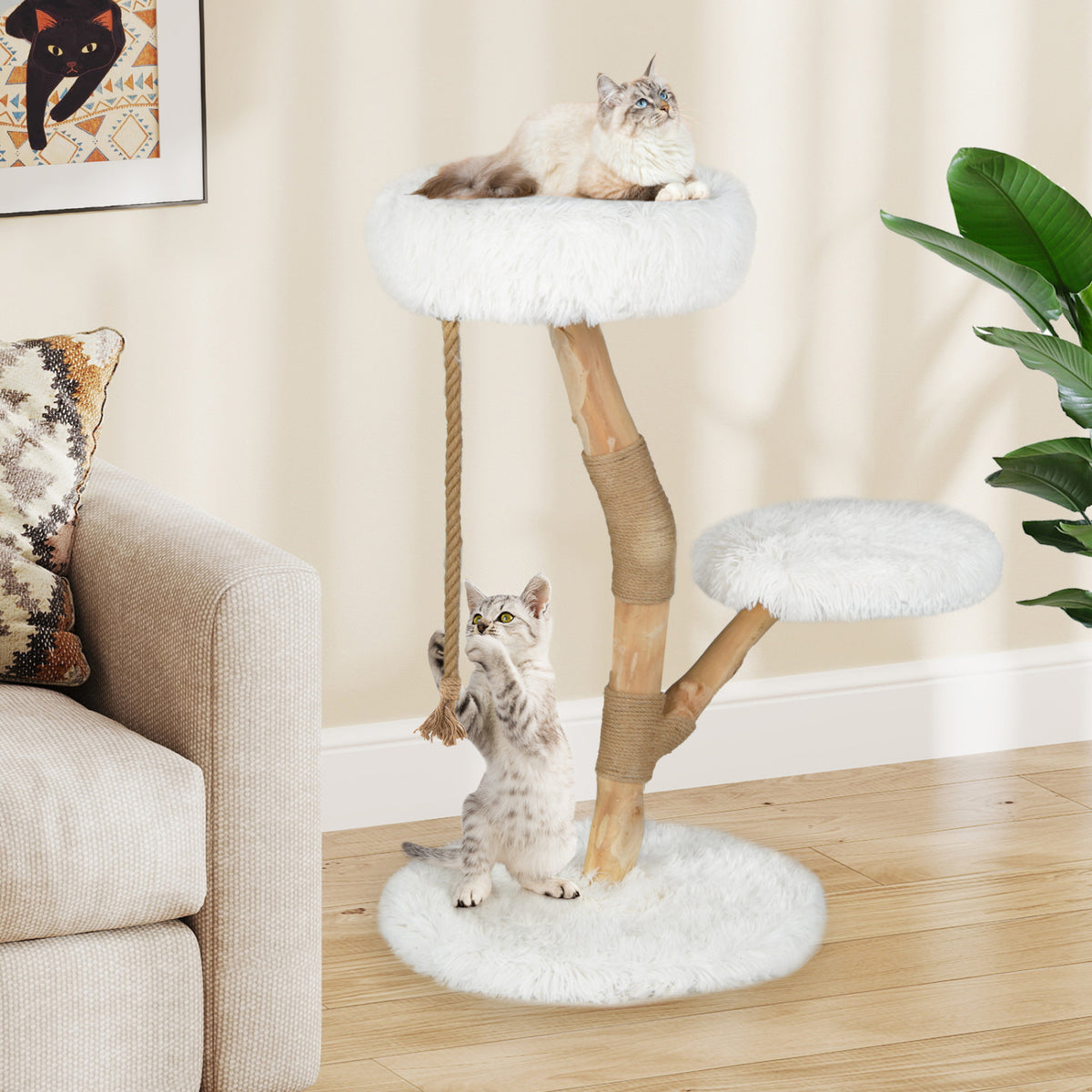 Modern Wooden Cat Tree Tower with Perch and Jute Scratching Posts - White Variation