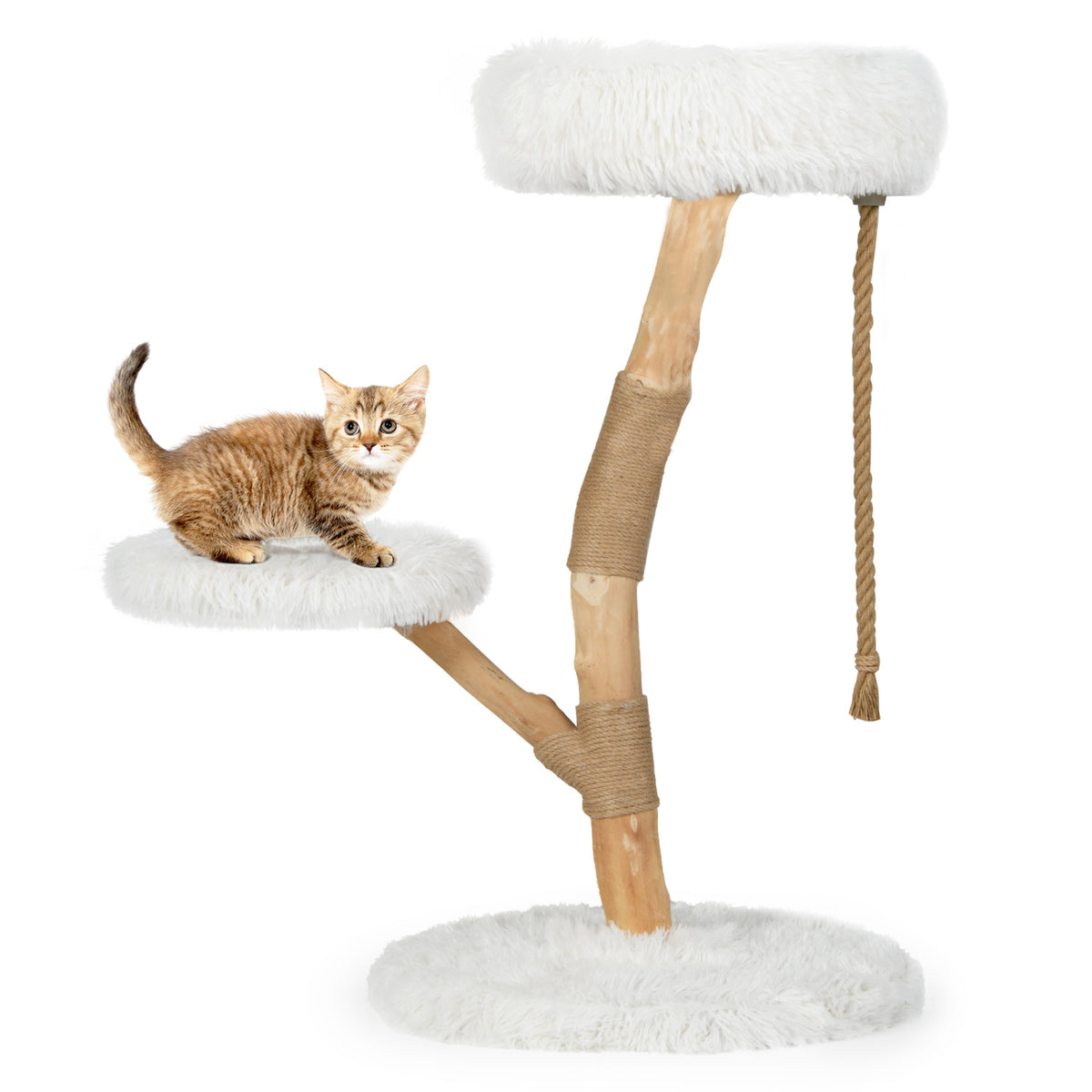 Modern Wooden Cat Tree Tower with Perch and Jute Scratching Posts - White Variation