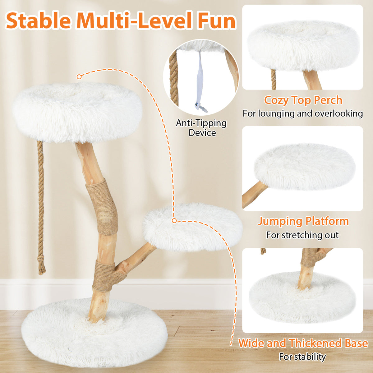 Modern Wooden Cat Tree Tower with Perch and Jute Scratching Posts - White Variation