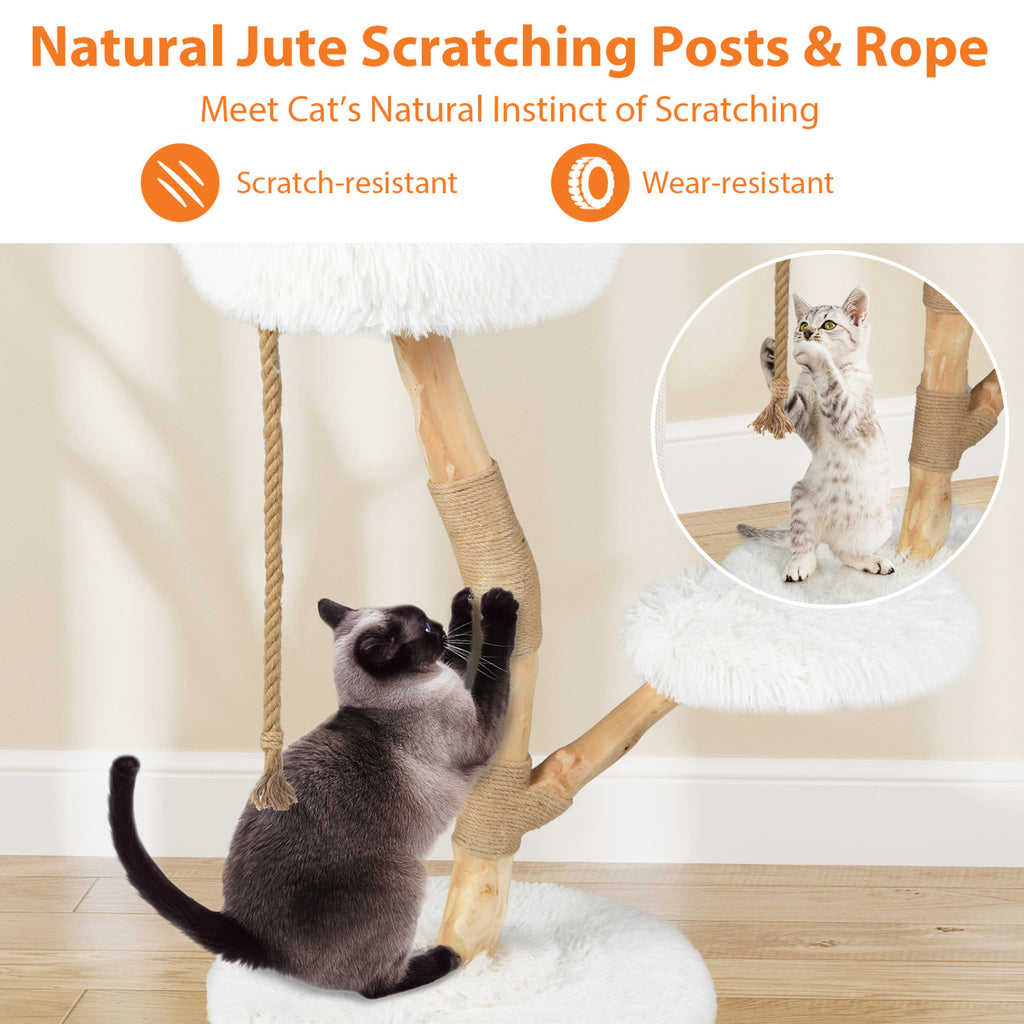 Modern Wooden Cat Tree Tower with Perch and Jute Scratching Posts - White Variation