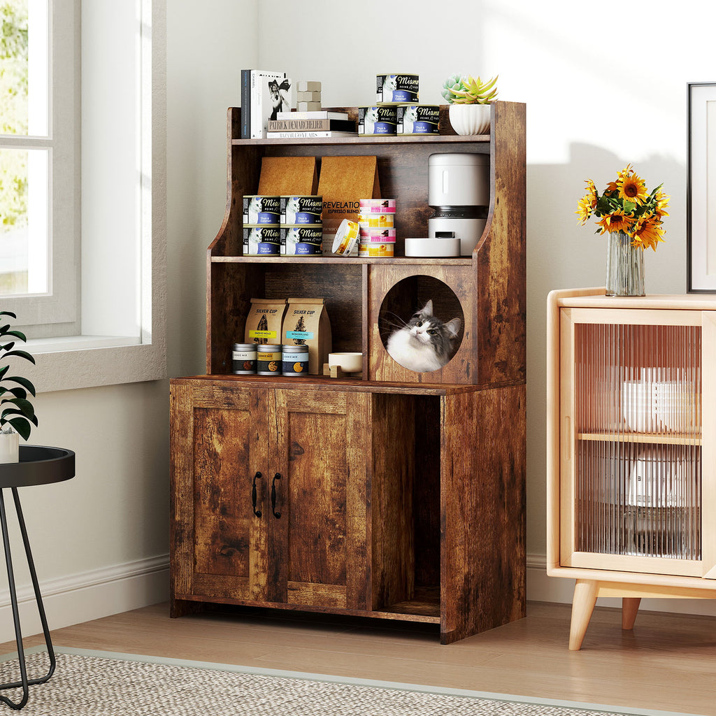 Industrial Cat Litter Box Enclosure with Storage Shelves - Brown - Variation