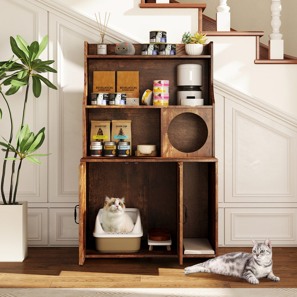 Industrial Cat Litter Box Enclosure with Storage Shelves - Brown - Variation