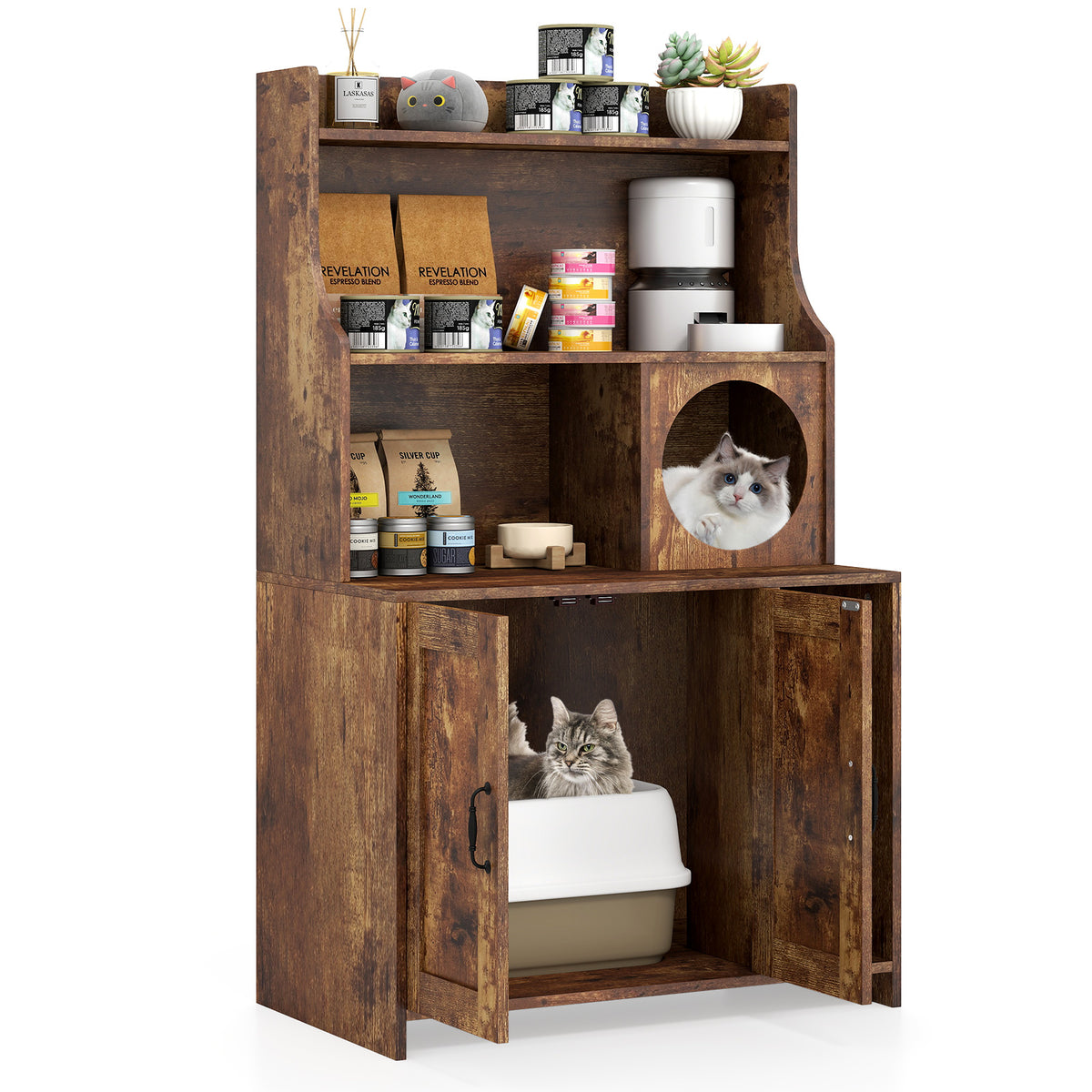 Industrial Cat Litter Box Enclosure with Storage Shelves - Brown - Variation