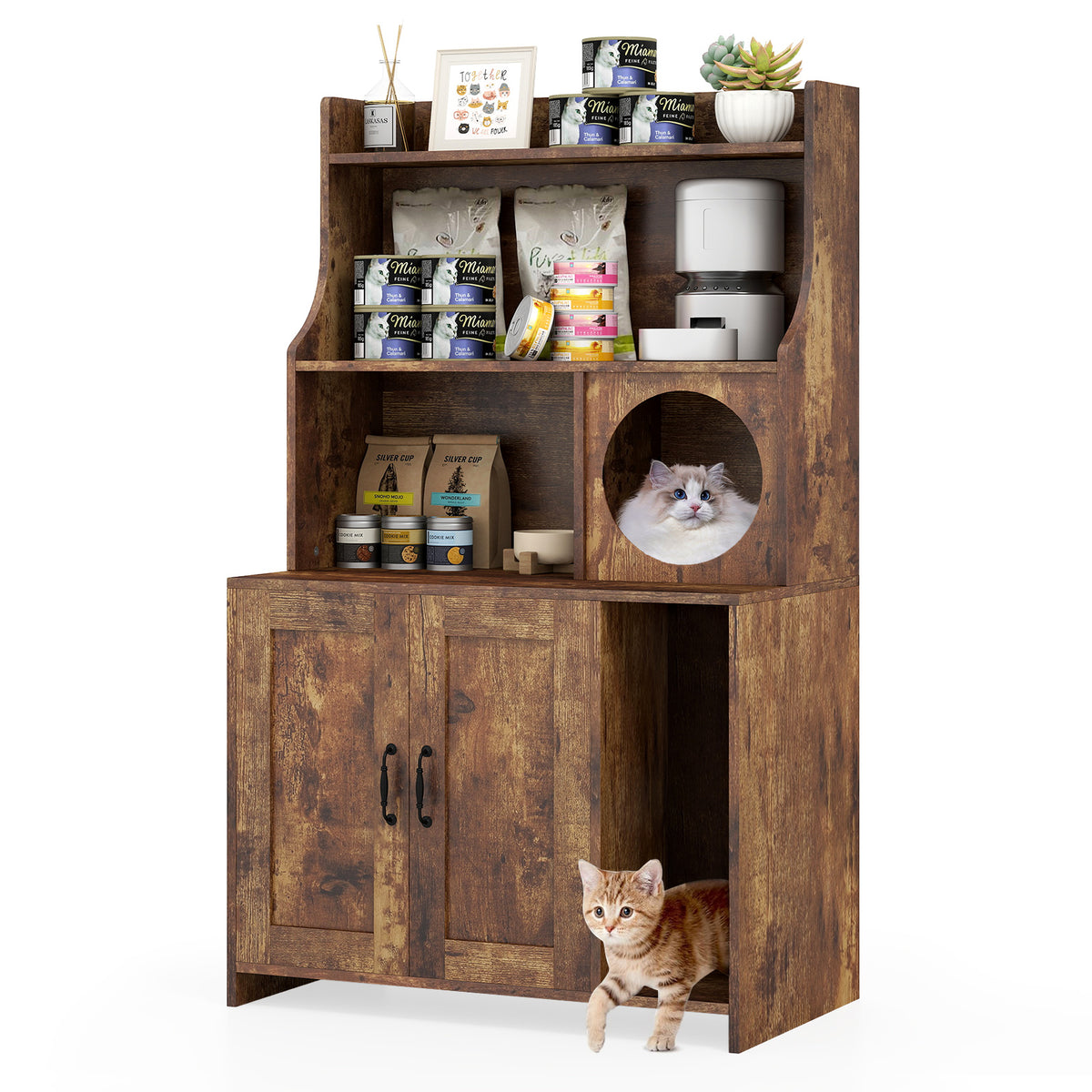 Industrial Cat Litter Box Enclosure with Storage Shelves - Brown - Variation