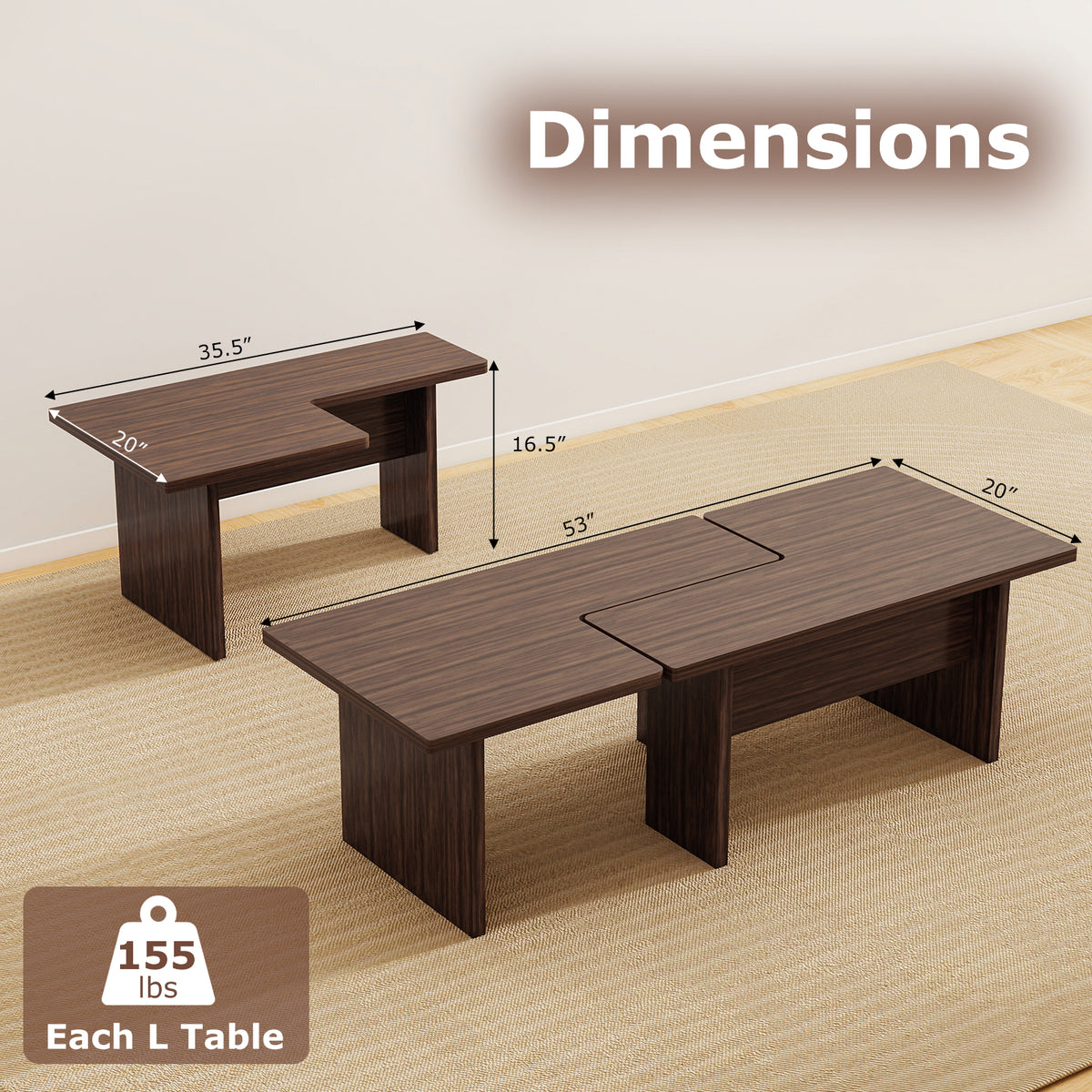 Modular Coffee Table Set of 2 L Shaped - Walnut
