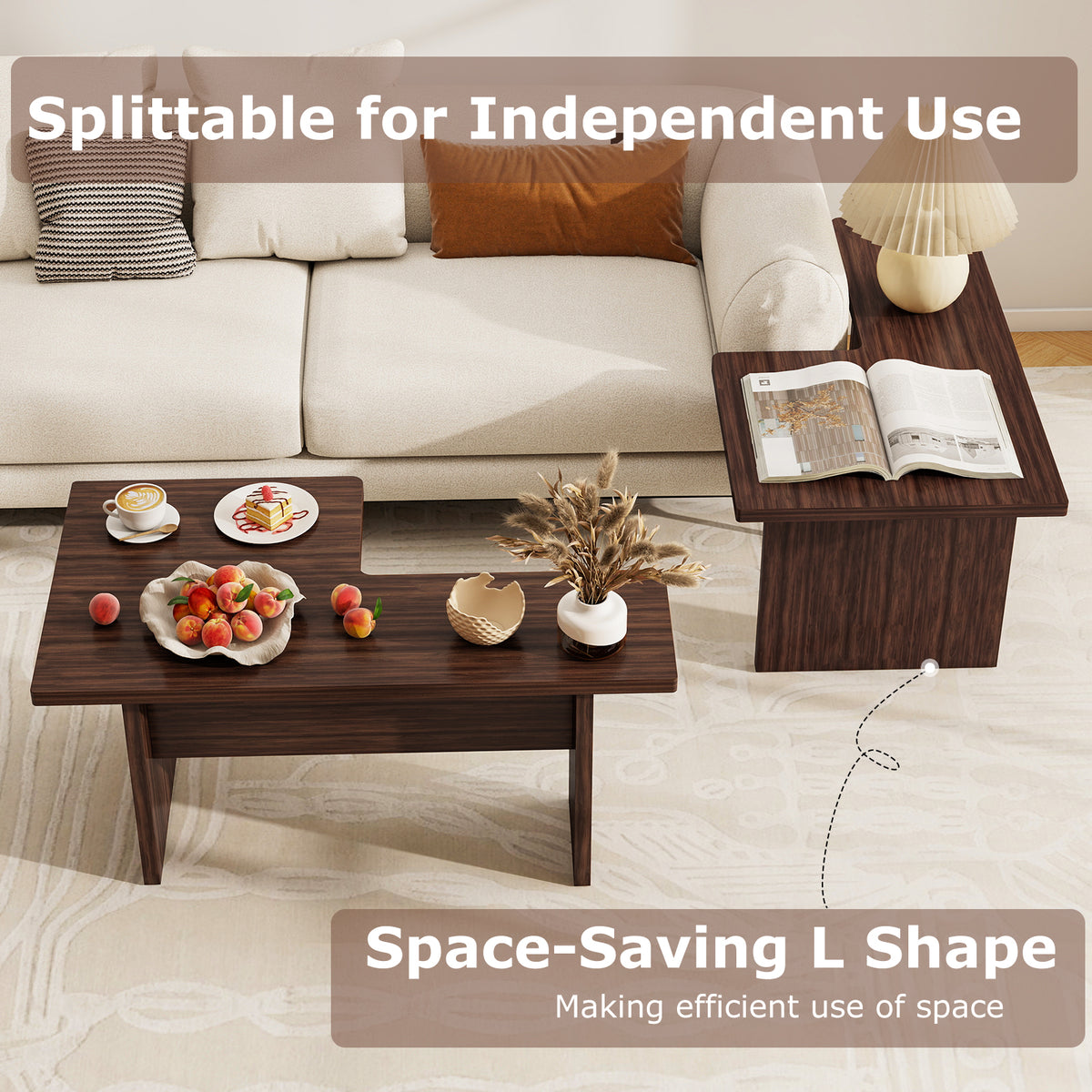Modular Coffee Table Set of 2 L Shaped - Walnut