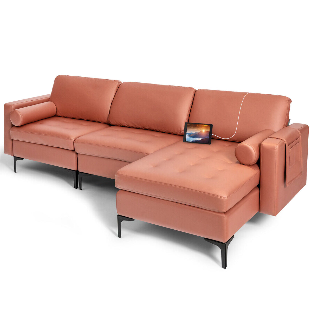 Modular L-Shaped 3-Seat Sectional Sofa with Reversible Chaise, Pink