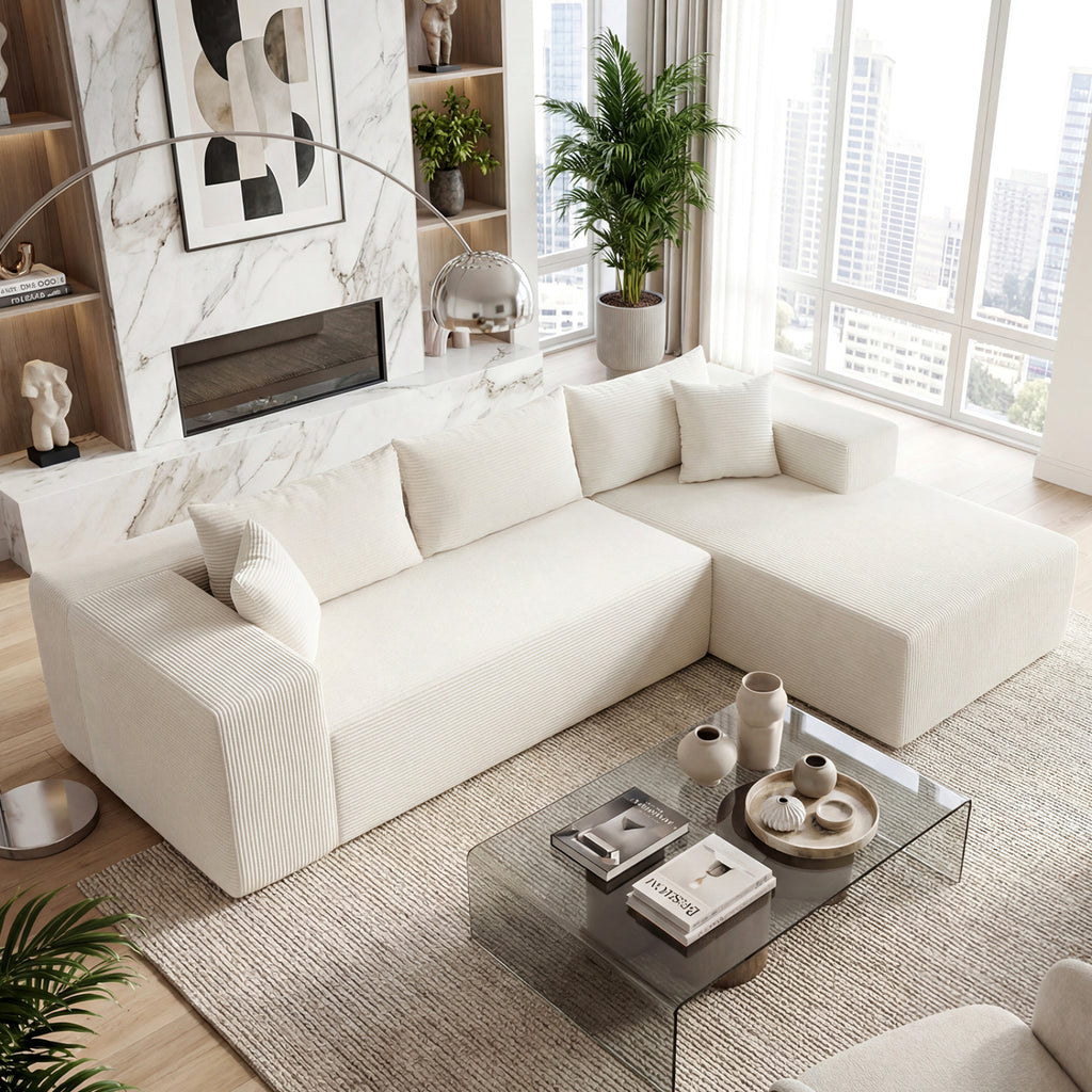 Modular Sectional Sofa, Corduroy L-Shaped Couch, Beige