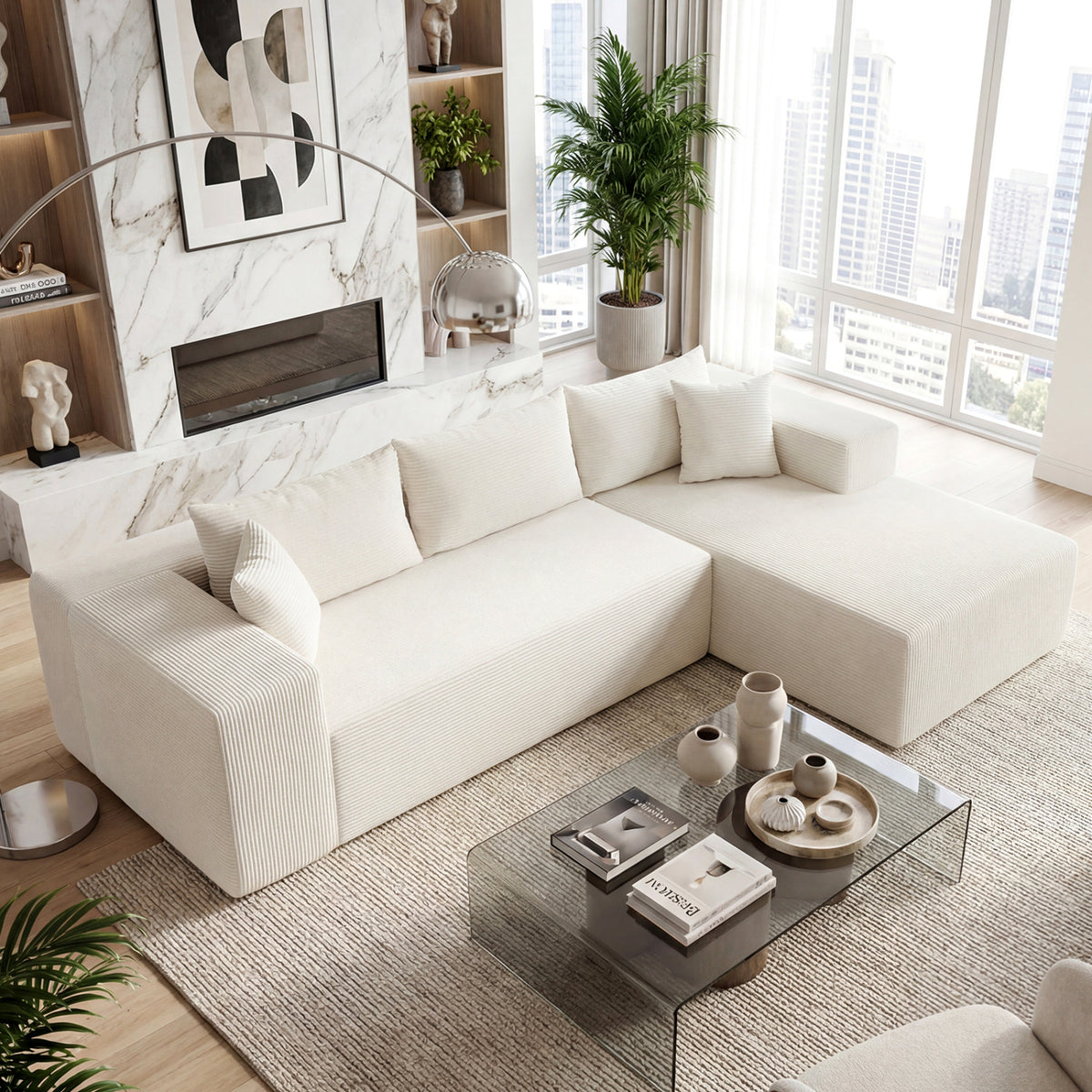Modular Sectional Sofa, Corduroy L-Shaped Couch, Beige