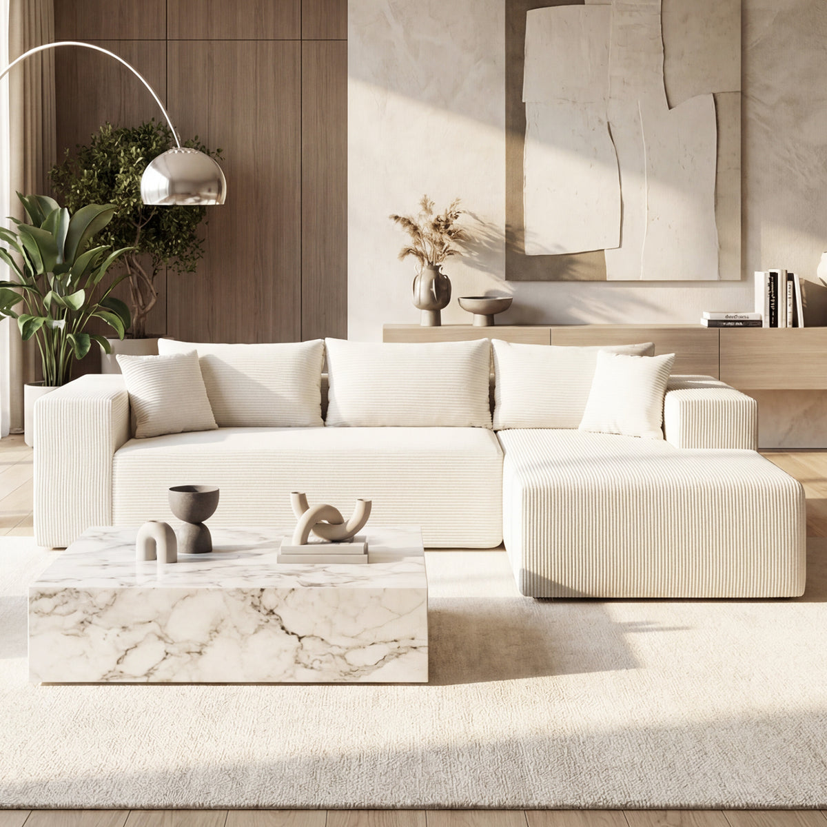 Modular Sectional Sofa Corduroy L-Shaped Couch, Beige