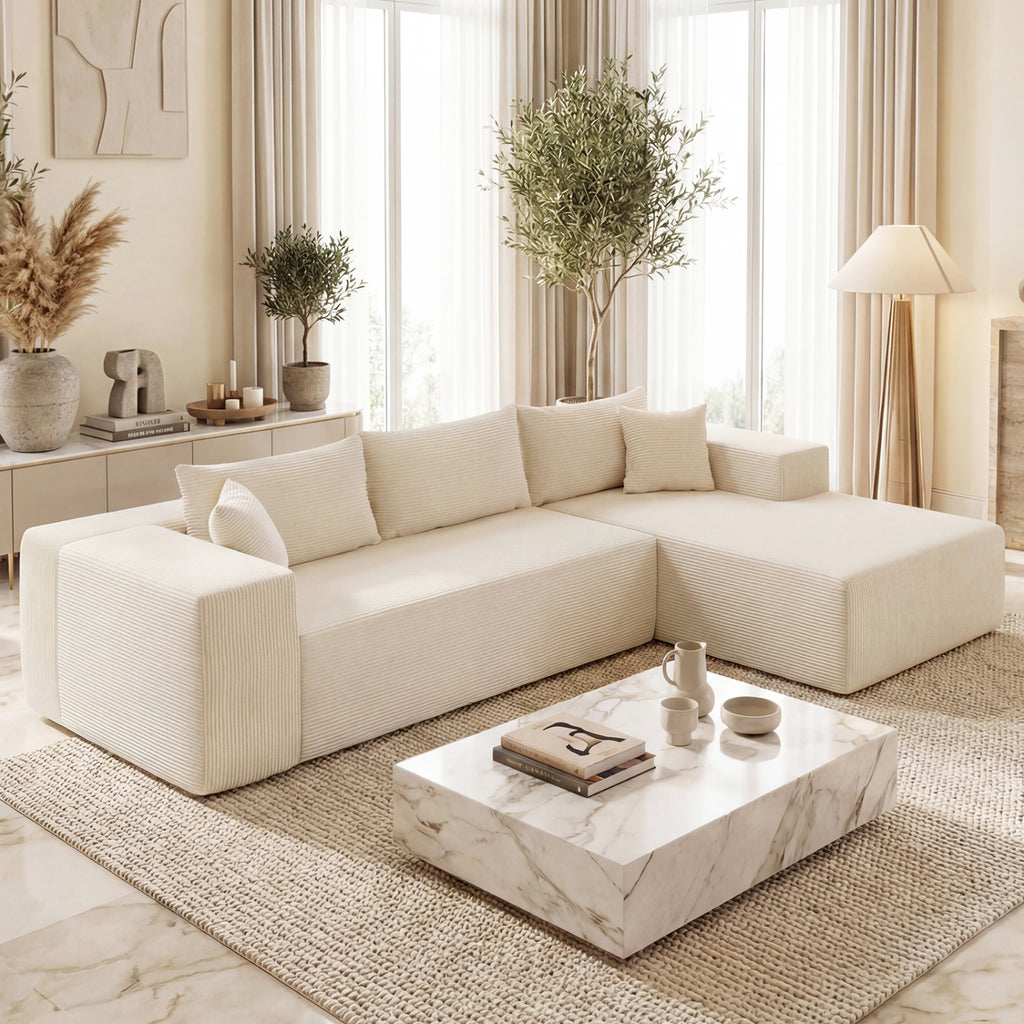 Modular Sectional Sofa, Corduroy L-Shaped Couch, Beige