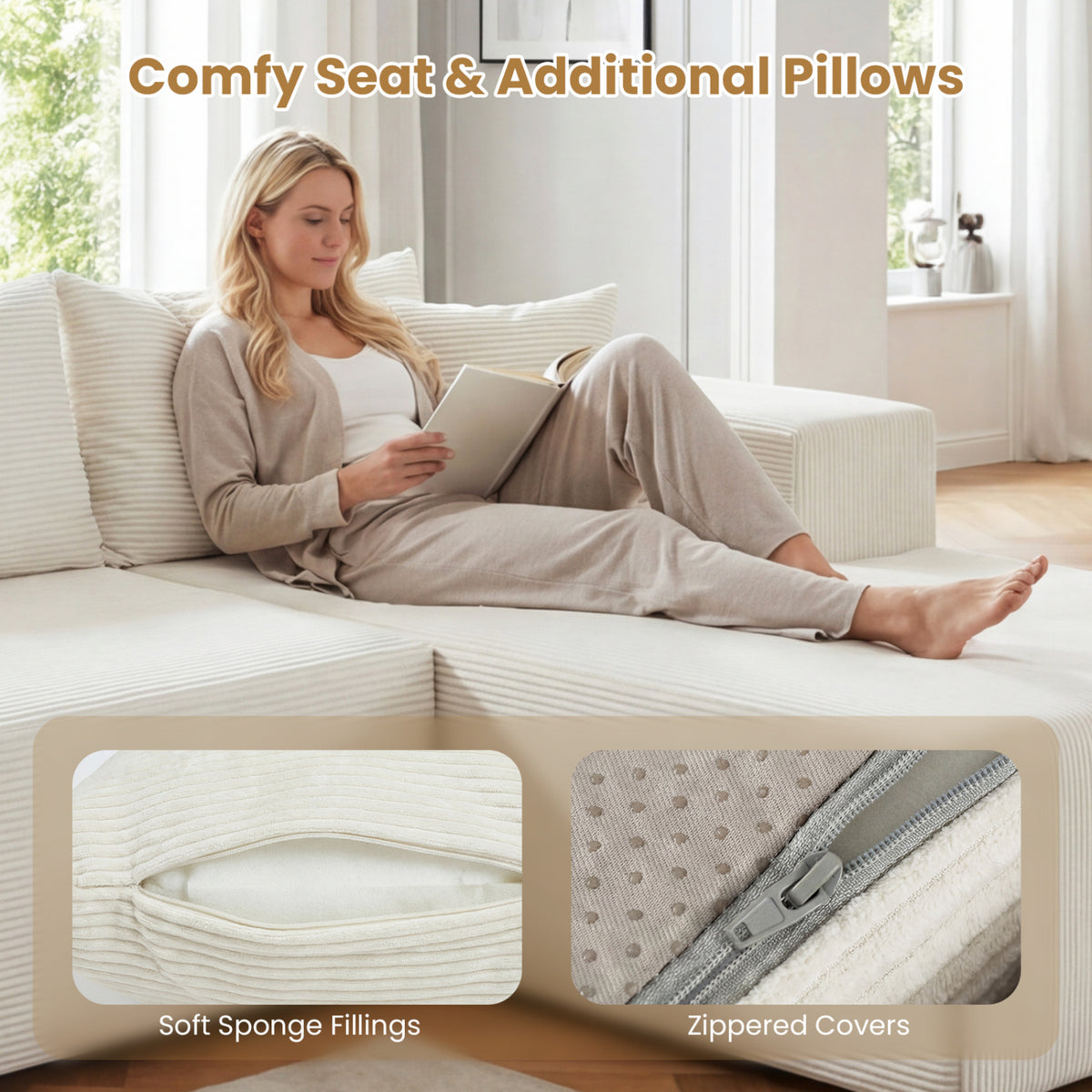 Modular Sectional Sofa, Corduroy L-Shaped Couch, Beige