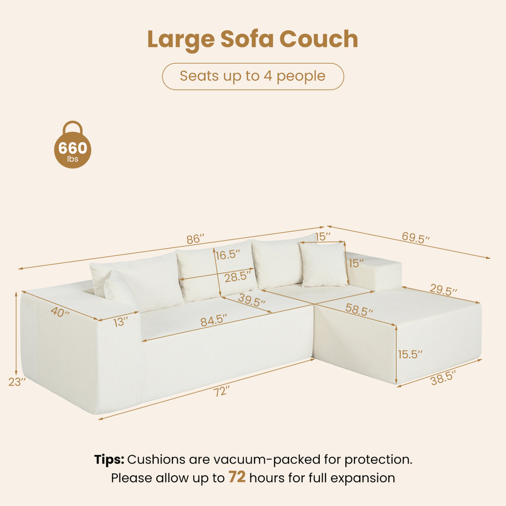 Modular Sectional Sofa, Corduroy L-Shaped Couch, Beige