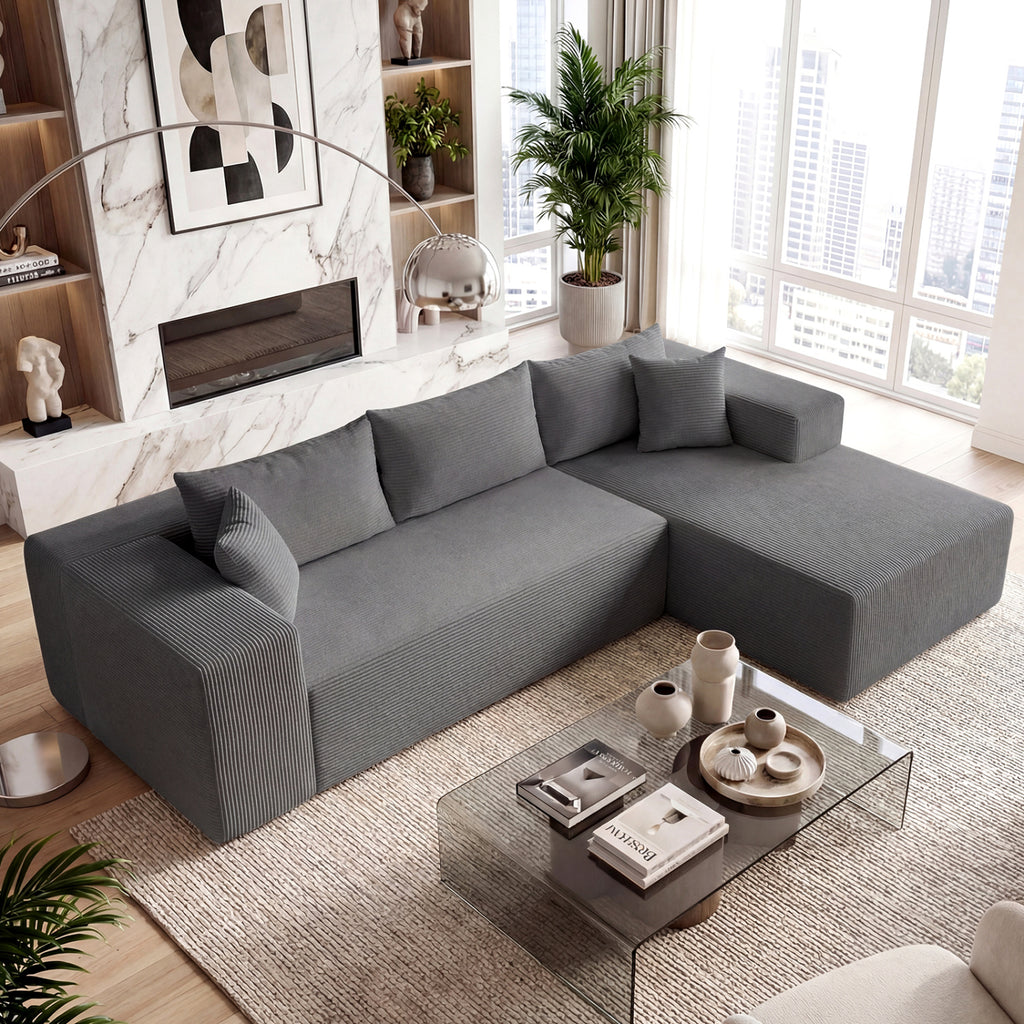 Modular Sectional Sofa L-Shaped Corduroy Couch Gray