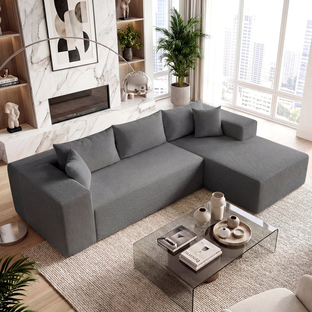 Modular Sectional Sofa L-Shaped Corduroy Couch Gray