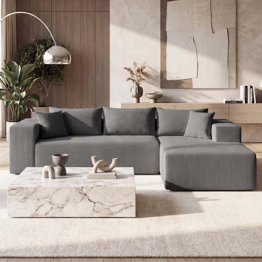 Modular Sectional Sofa L-Shaped Corduroy Couch Gray
