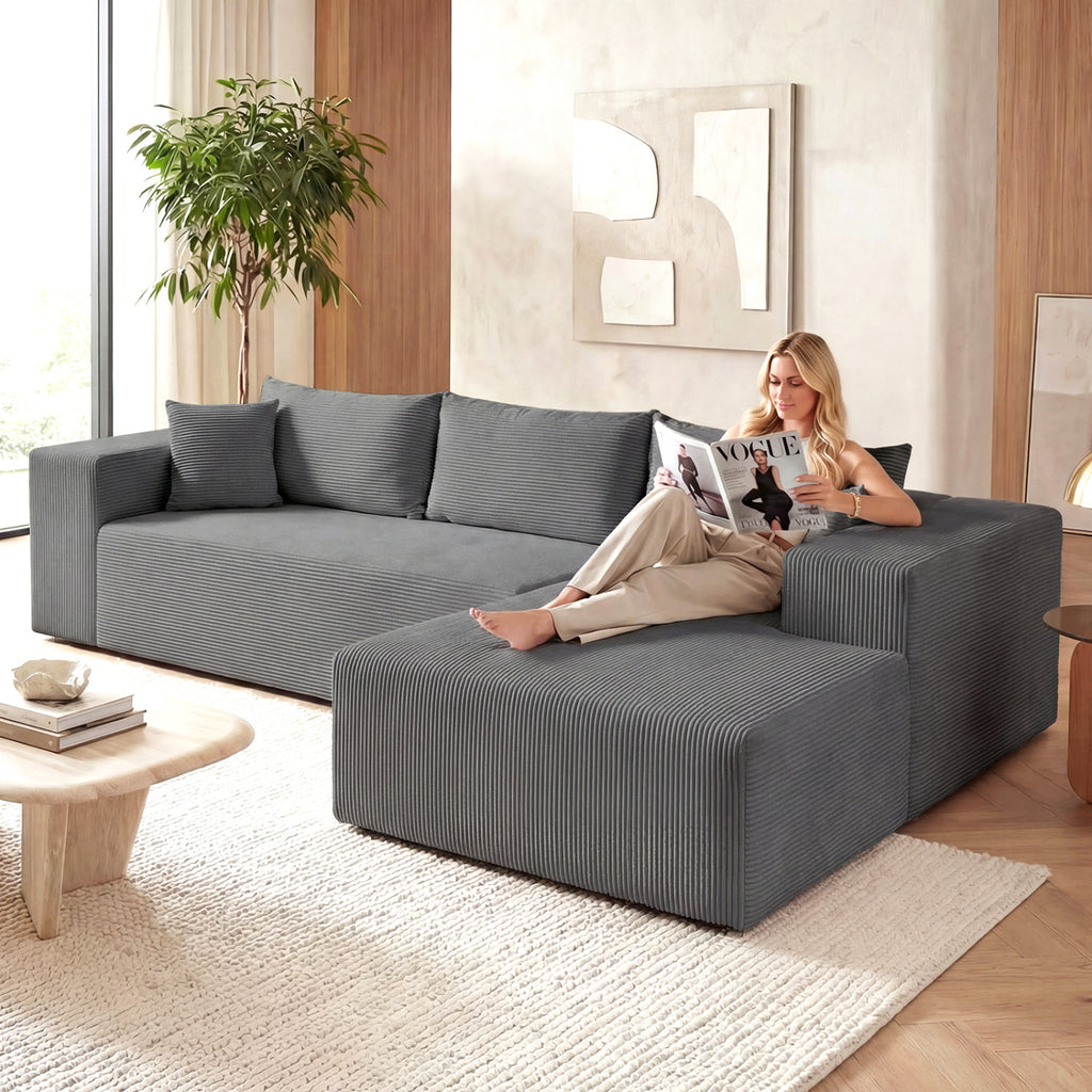 Modular Sectional Sofa L-Shaped Corduroy Couch Gray