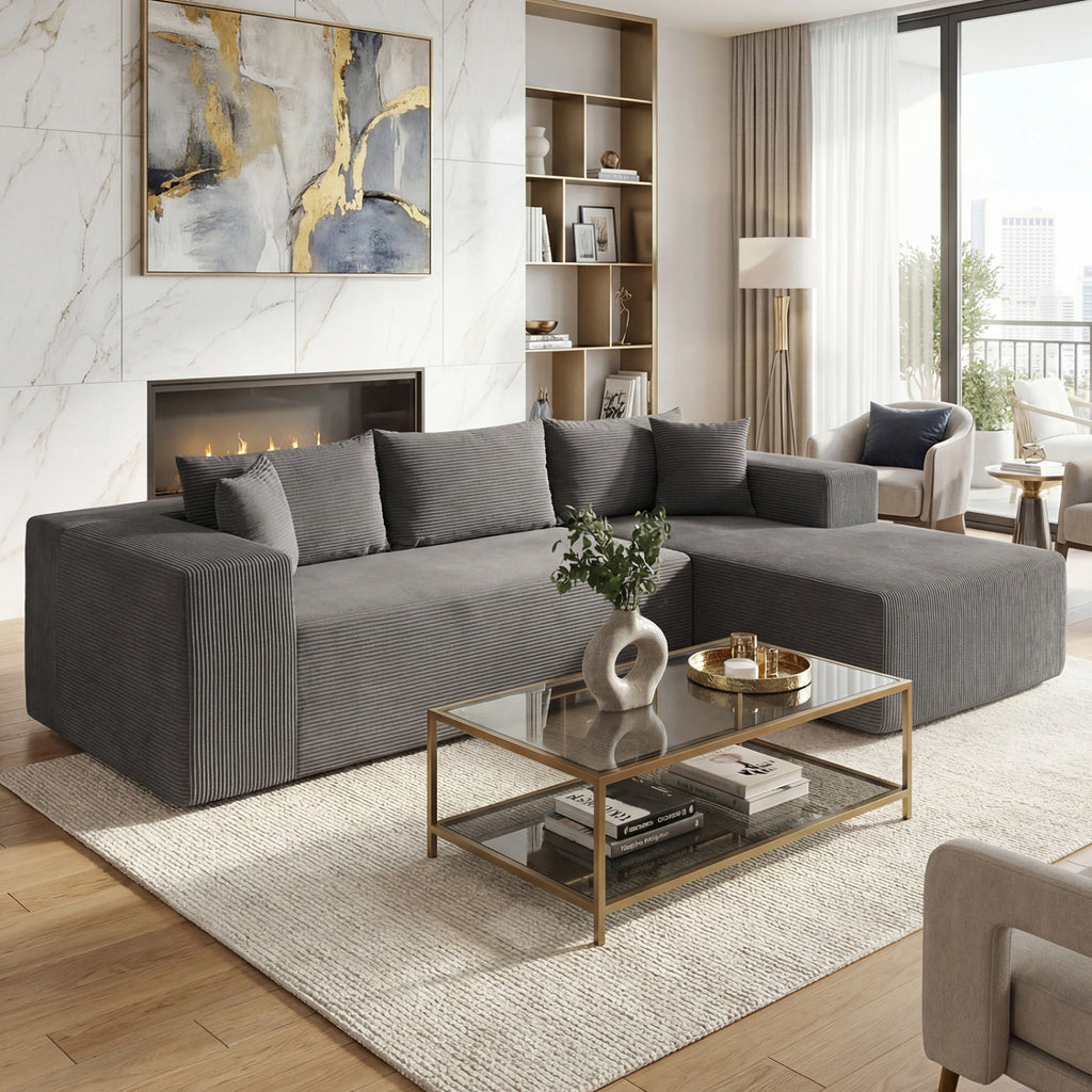 Modular Sectional Sofa L-Shaped Corduroy Couch Gray