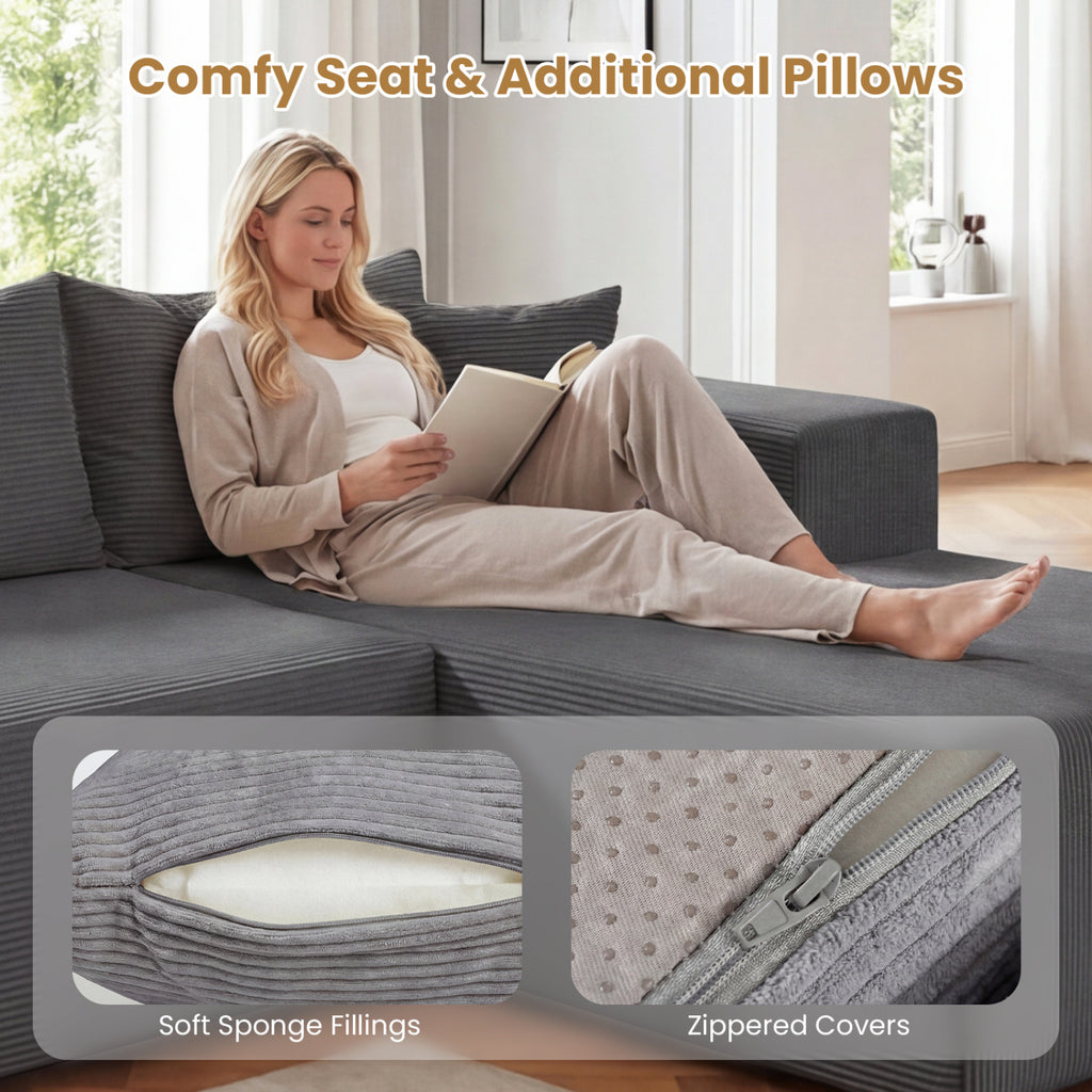 Modular Sectional Sofa L-Shaped Corduroy Couch Gray