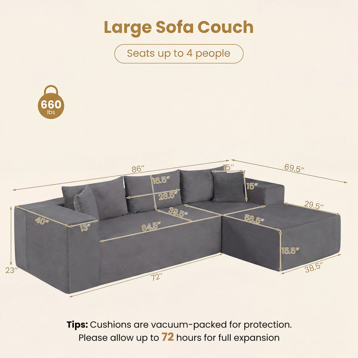 Modular Sectional Sofa L-Shaped Corduroy Couch Gray