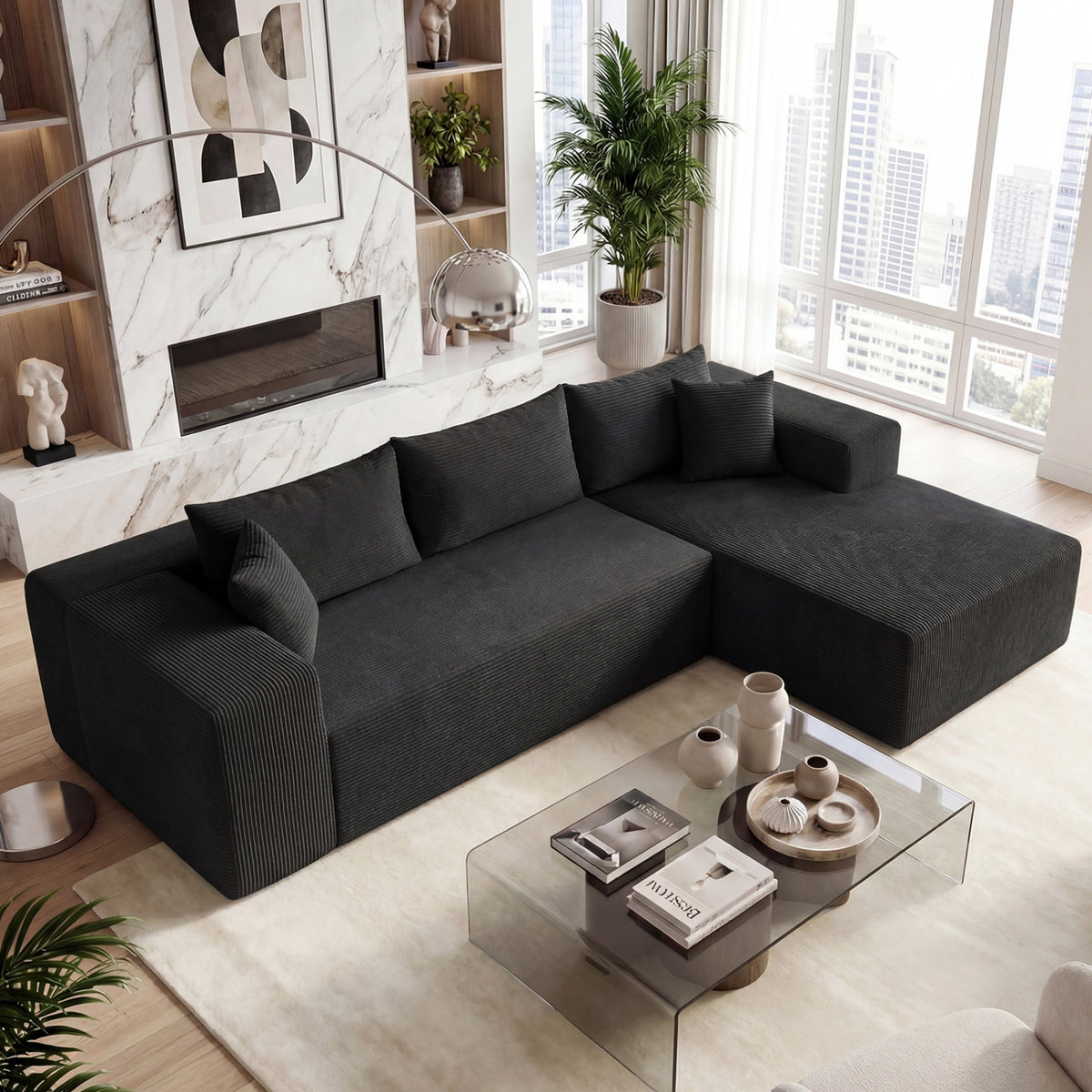 Modular Sectional Sofa L-shaped Corduroy - Black