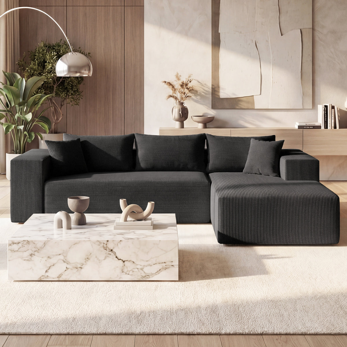 Modular Sectional Sofa L-shaped Corduroy - Black