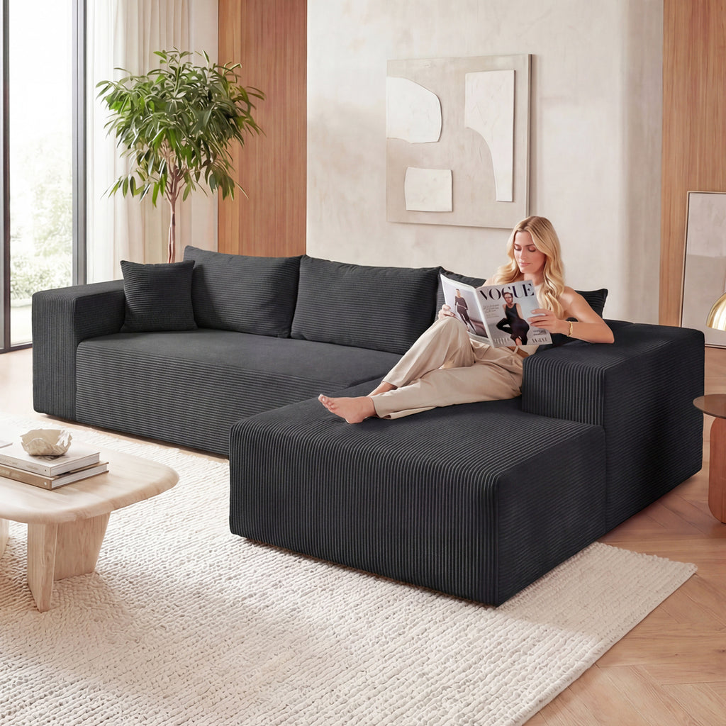 Modular Sectional Sofa L-shaped Corduroy - Black