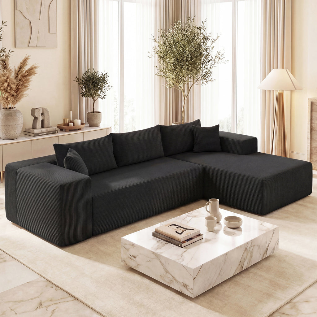 Modular Sectional Sofa L-shaped Corduroy - Black