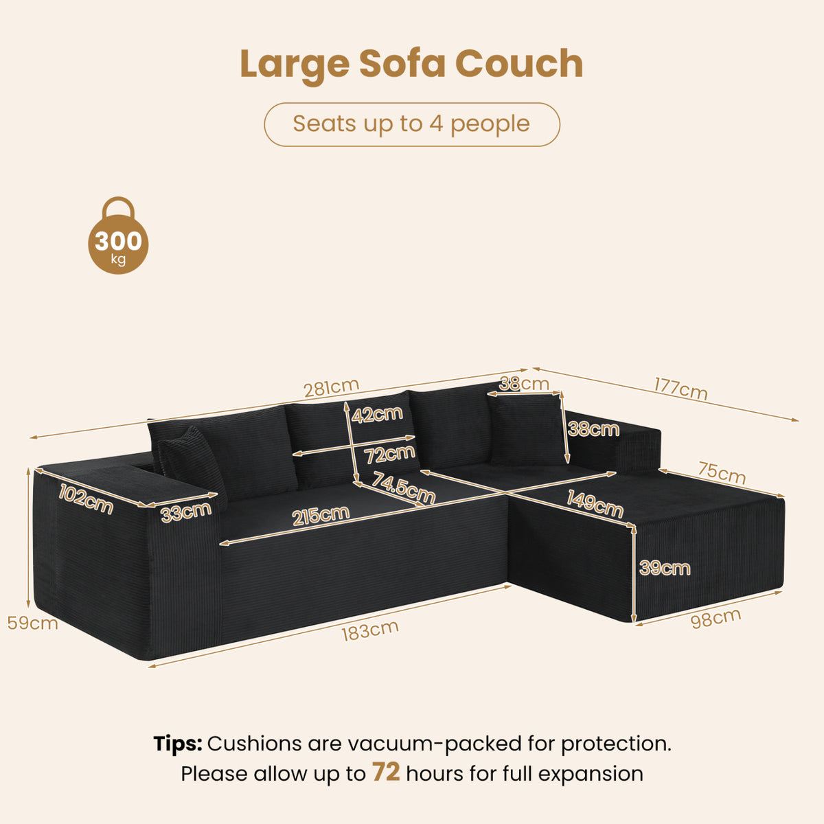 Modular Sectional Sofa L-shaped Corduroy - Black