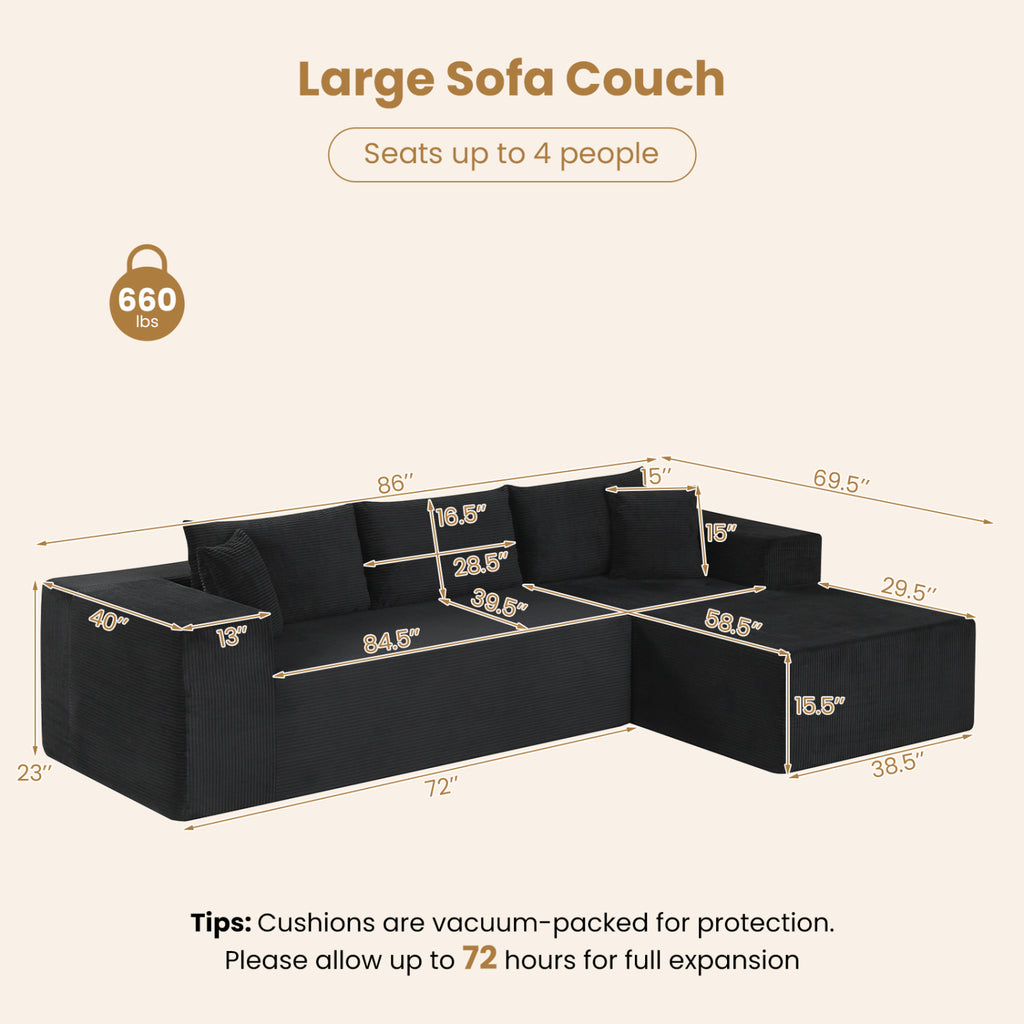 Modular Sectional Sofa L-shaped Corduroy - Black