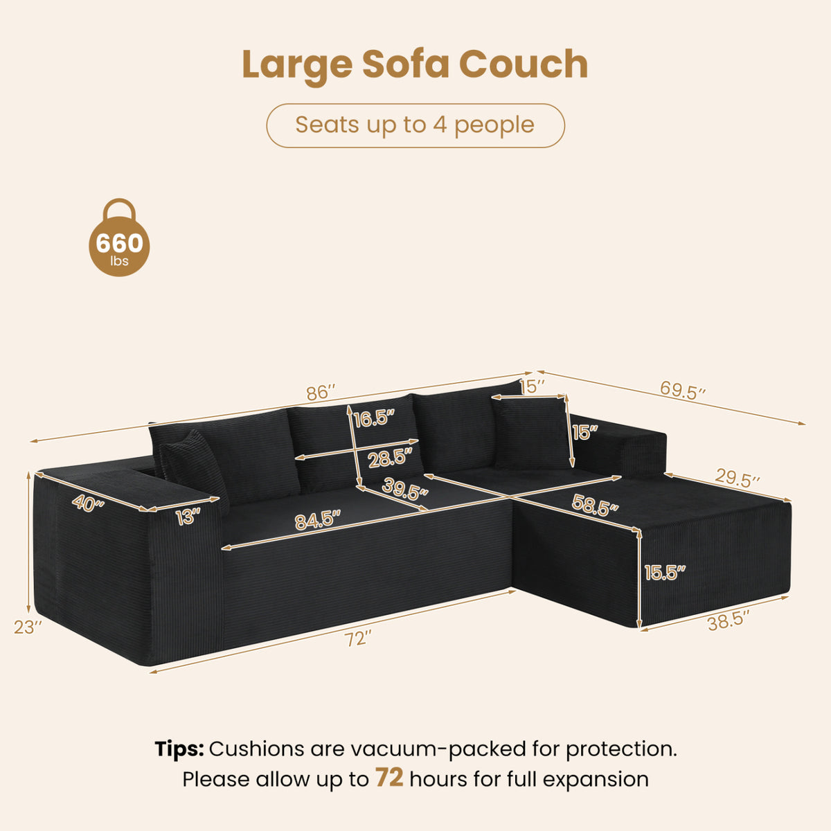 Modular Sectional Sofa L-shaped Corduroy - Black