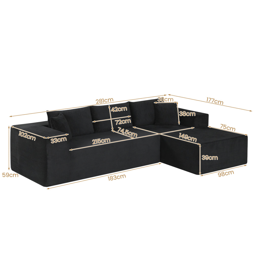Modular Sectional Sofa L-shaped Corduroy - Black