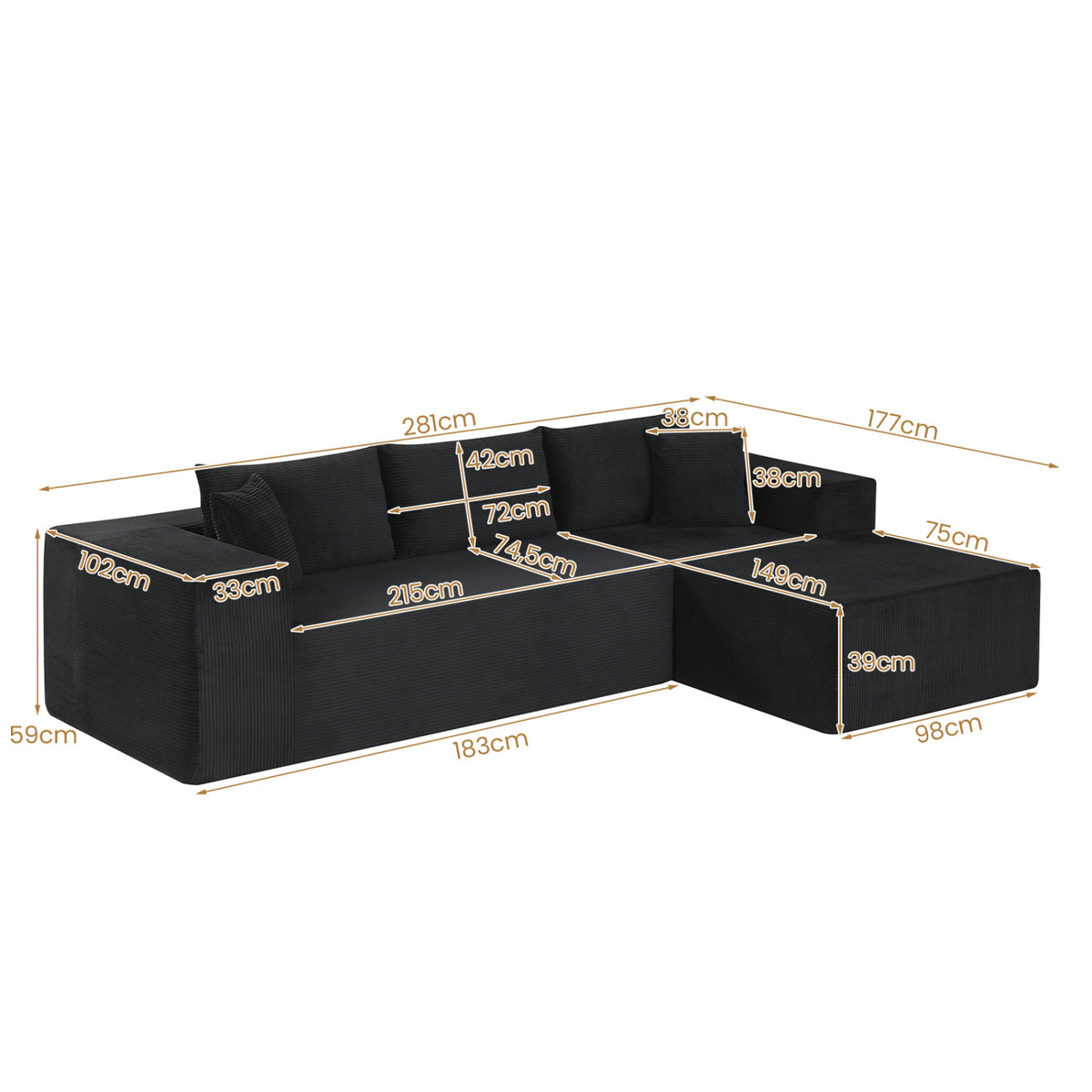 Modular Sectional Sofa L-shaped Corduroy - Black