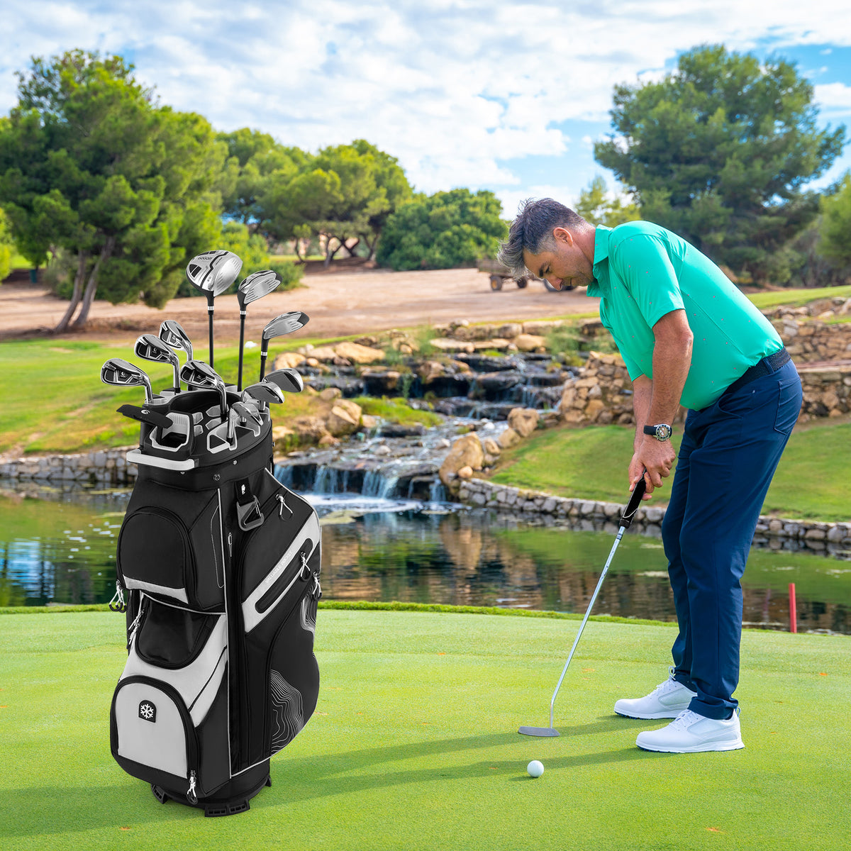 Golf Cart Bag with 14-Way Dividers & 11 Pockets - Orange, Molded Lock Top