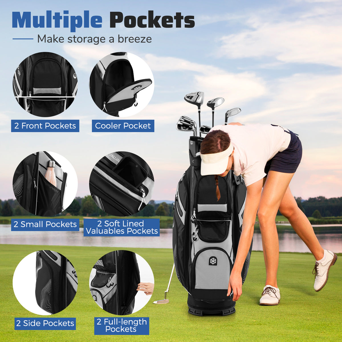 Golf Cart Bag with 14-Way Dividers & 11 Pockets - Gray, Molded Lock Top